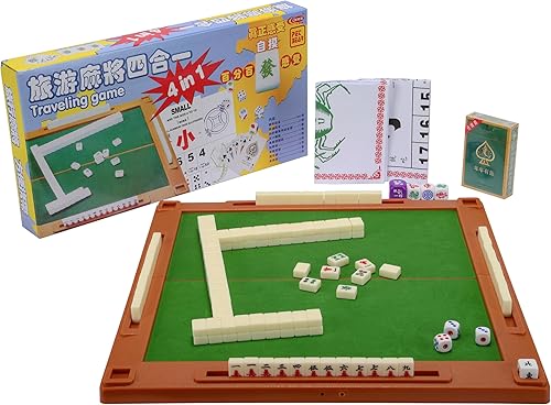 drizzle Juego de mahjong de viaje 4 en 1 con mesa Mahjong  146 azulejos tamaño portátil Mah-Jongg  Dibujos de tamaño de póquer, dibujos de peces y