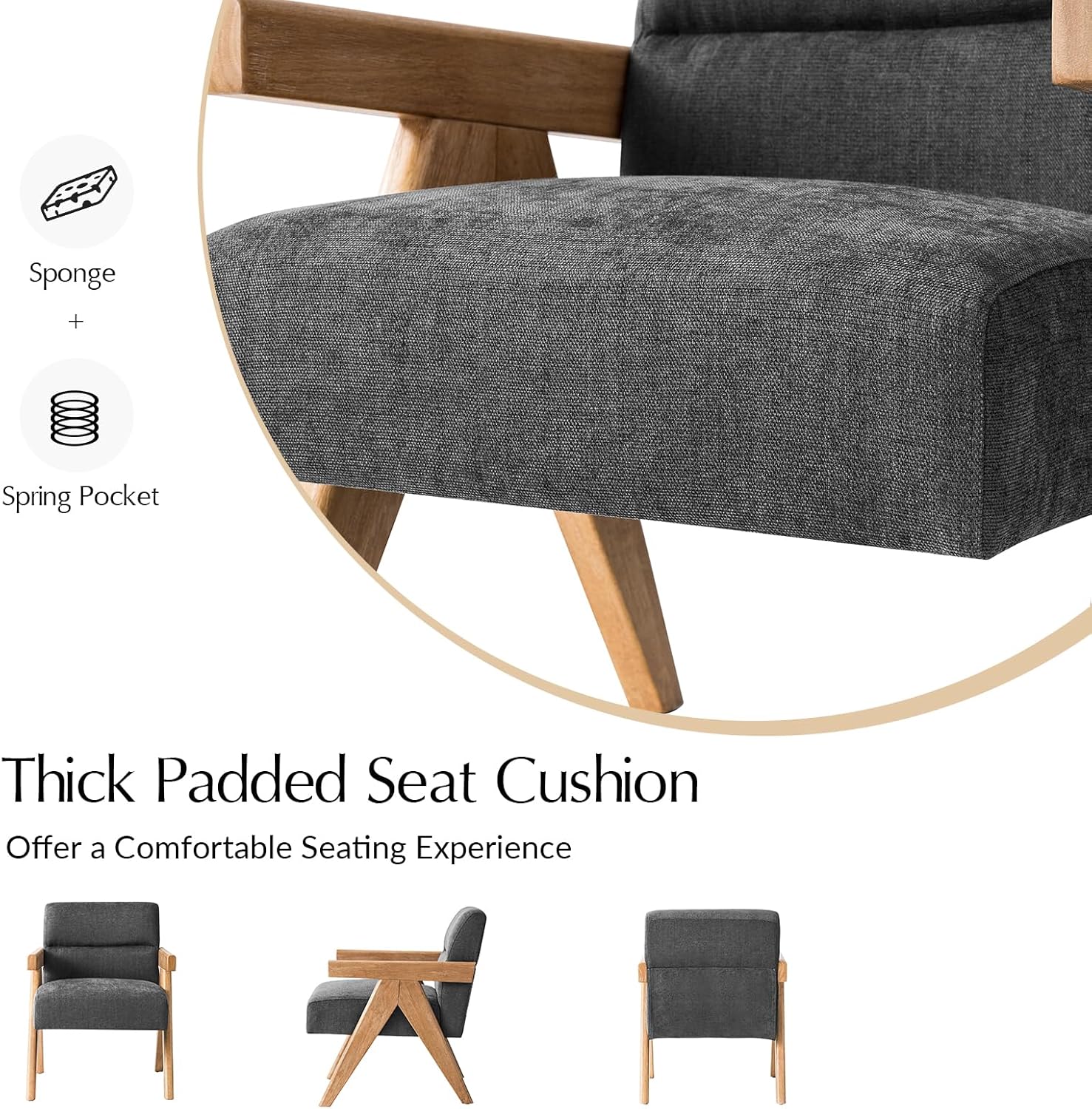 HULALA HOME Modern Accent Chair, Upholstered Arm Chair with Solid Wood Frame, Comfortable Padded Seat and Back, for Living Room, Bedroom Set of 2, Charcoal