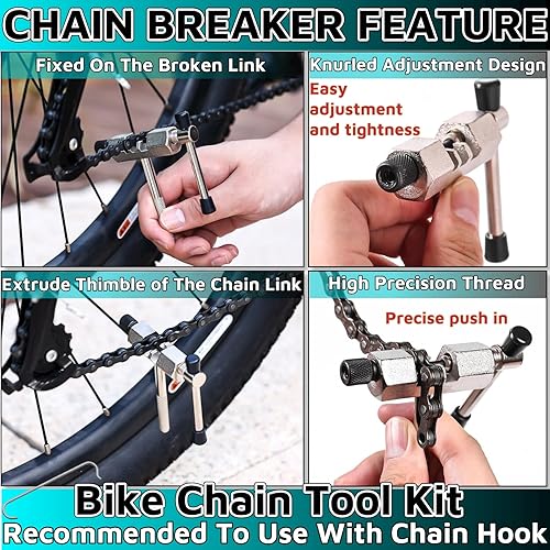 Miniatura 4 de Herramienta de cadena de bicicleta, 3 piezas, alicates de eslabones de bicicleta + herramienta de deriva de cadena + gancho de cadena de bicicleta,