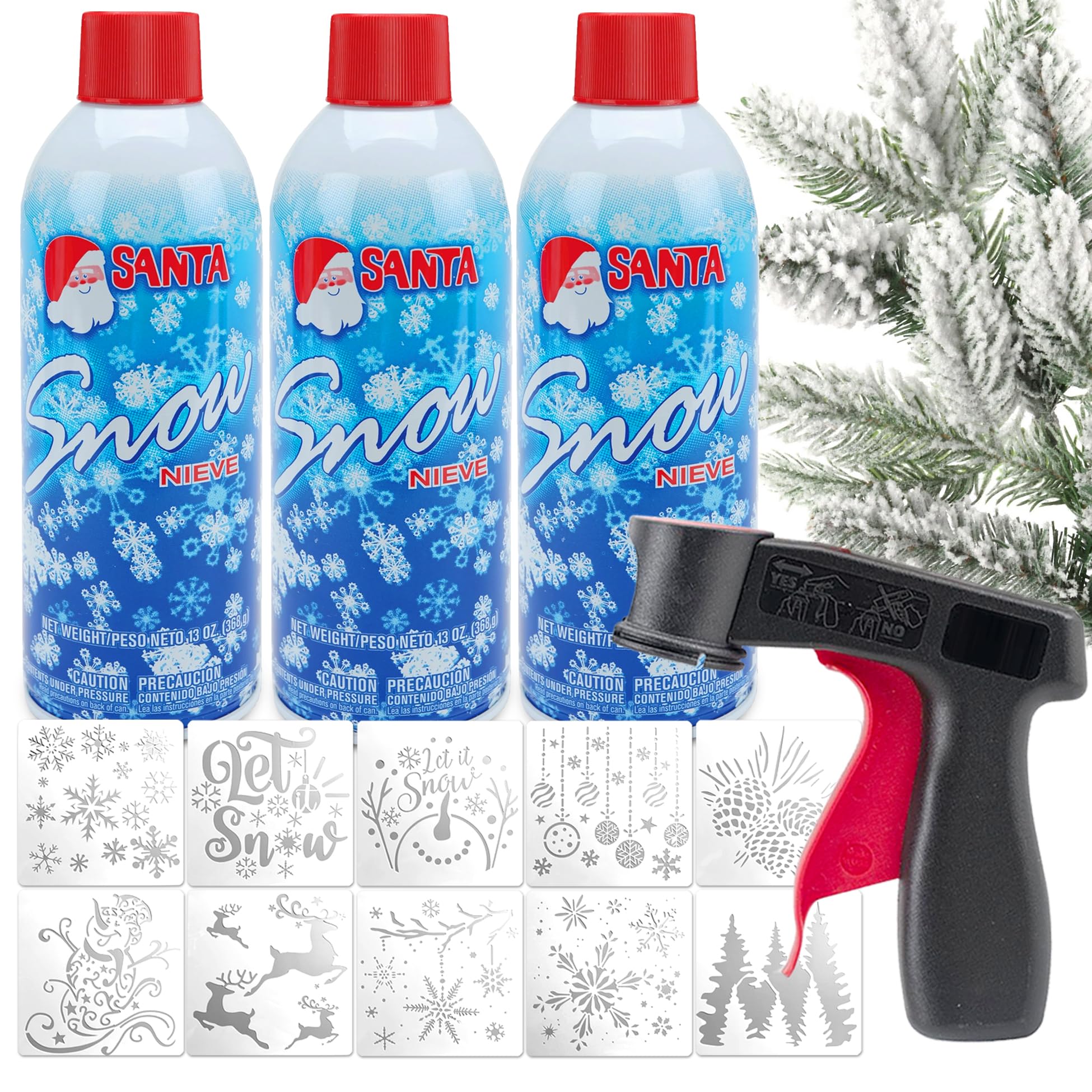 3-Pack DIY Winter Instant Fake Snow Spray with Spray Can Holder and Snowflake Stencils – Perfect for Holiday and Winter Decorations – Easy-to-Use Artificial Snow for Trees, Windows, and Crafts