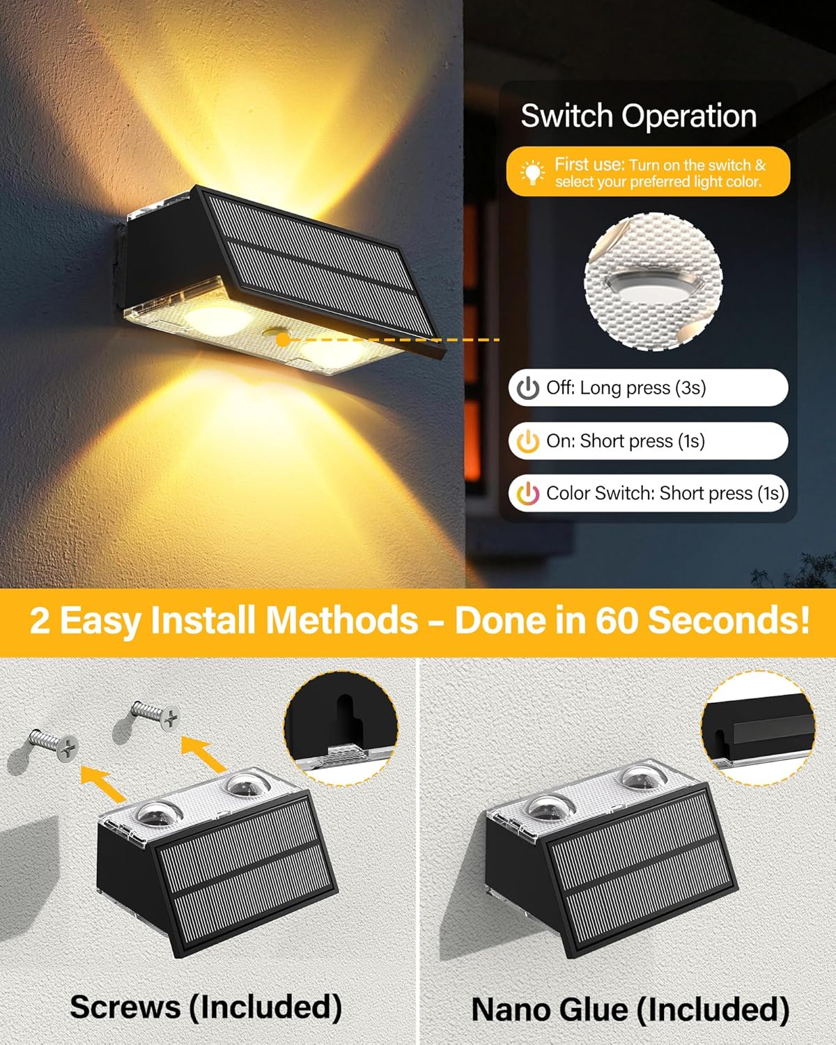 Solar Fence Lights Outdoor, 16 Pack 100LM Fence Lights Solar Powered Waterproof, 9 Color Modes, Up & Down LED Focused Beam, 12H Dusk to Dawn Glow for Pool/Patio/Wall/Backyard - Black