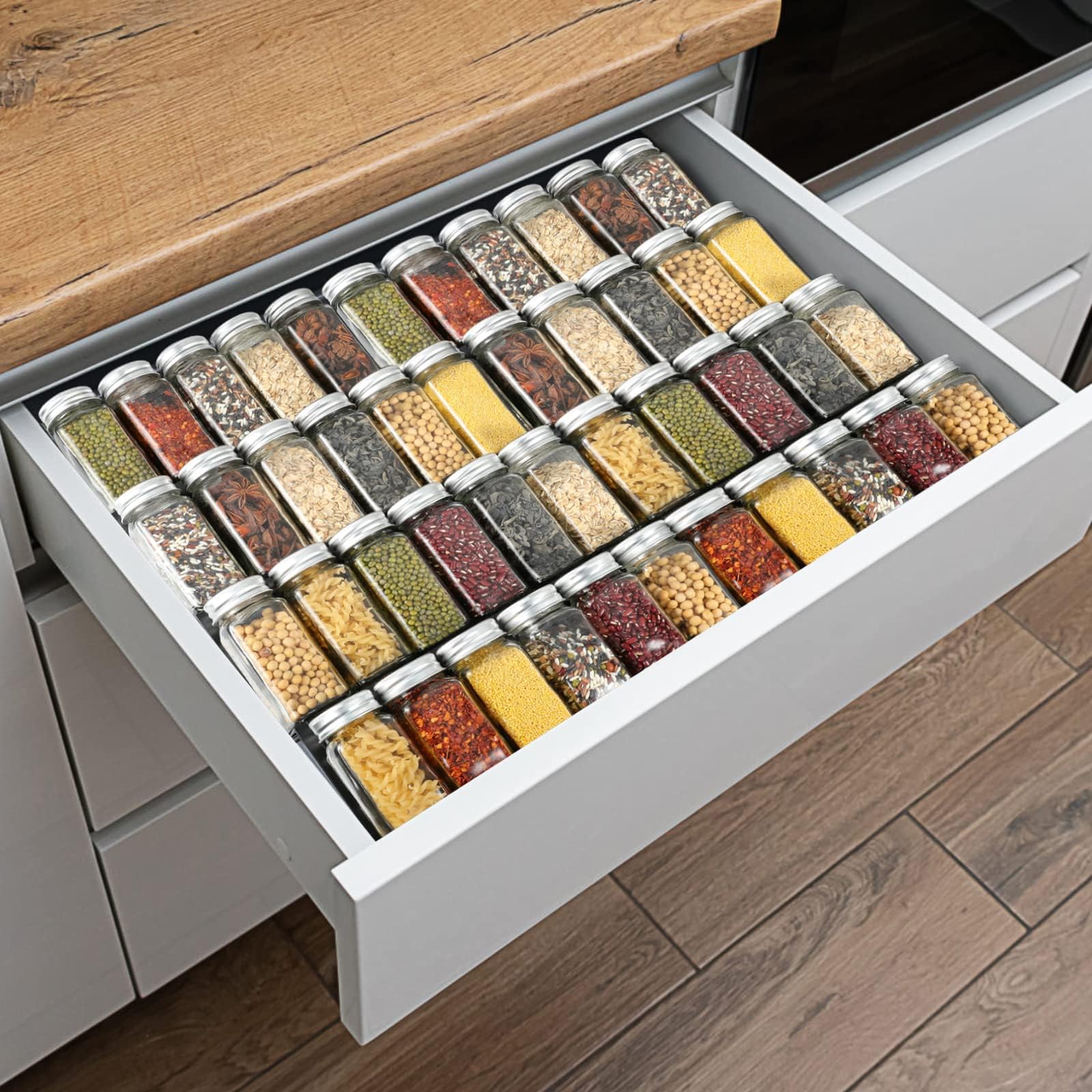 SZJHXIN Gewürzregal-Schublade, verstellbar, erweiterbar, Gewürz-Organizer für Küchenschränke, Schublade, Gewürzregal, Tablett, Einsatz 4 Ebenen, 8 Stück (weiß) Küche, Haushalt & Wohnen