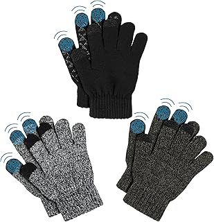 AYPOW 3 Pairs Kids Winter Warm Magic Gloves, Stretchy Thermal Fleece Lining Touch Screen Full Finger Knitted Gloves Mittens for 4-8 Years Old Boys Girls Children, Winter Fit Daily Wearing
