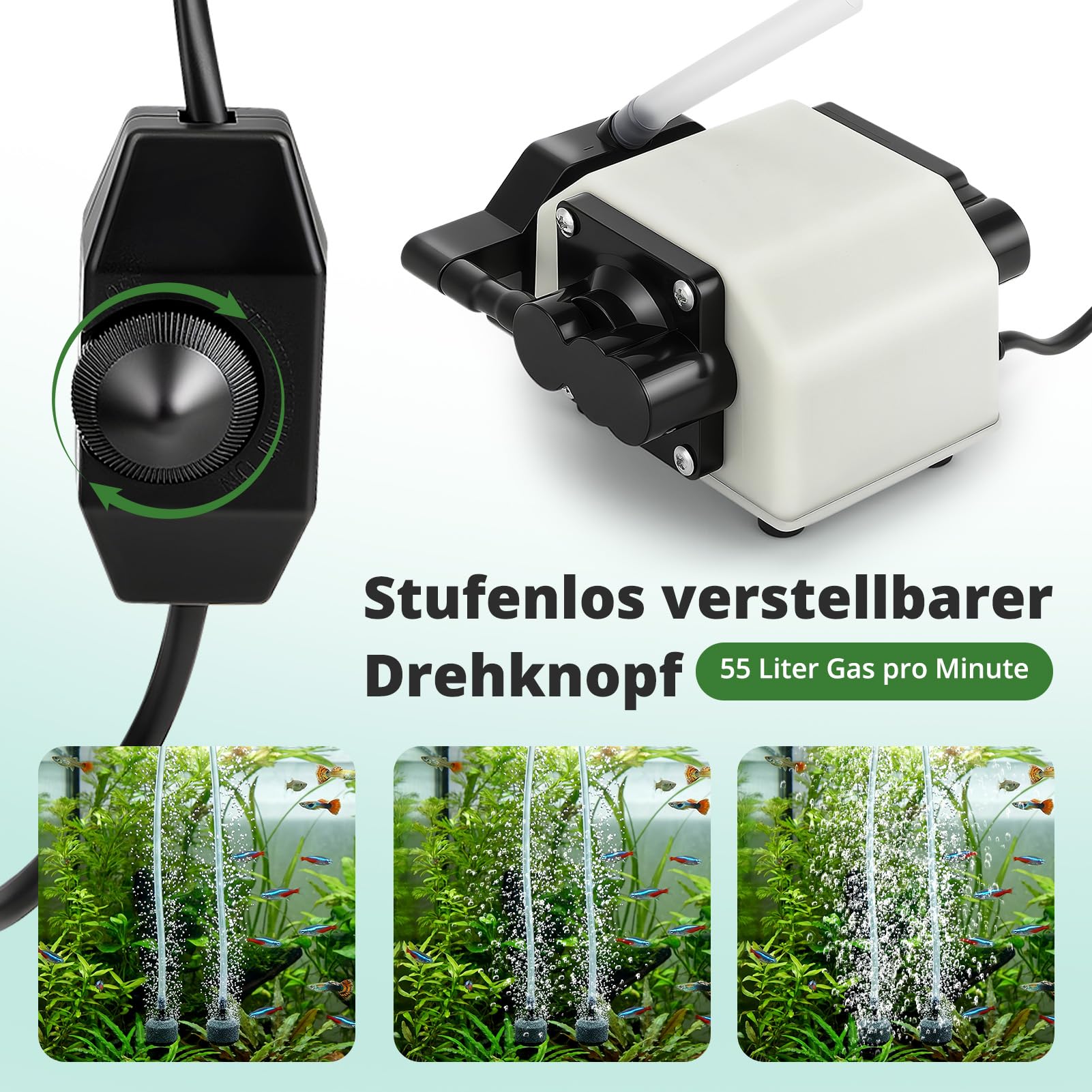 Aquarium Luftpumpe mit 6 Ausgängen – 25 W regelbare Sauerstoffpumpe für Aquarien & Gartenteiche, leiser Belüfter mit Magnetantrieb, bis 3 m Tiefe, 55 l/min (3300 l/h)
