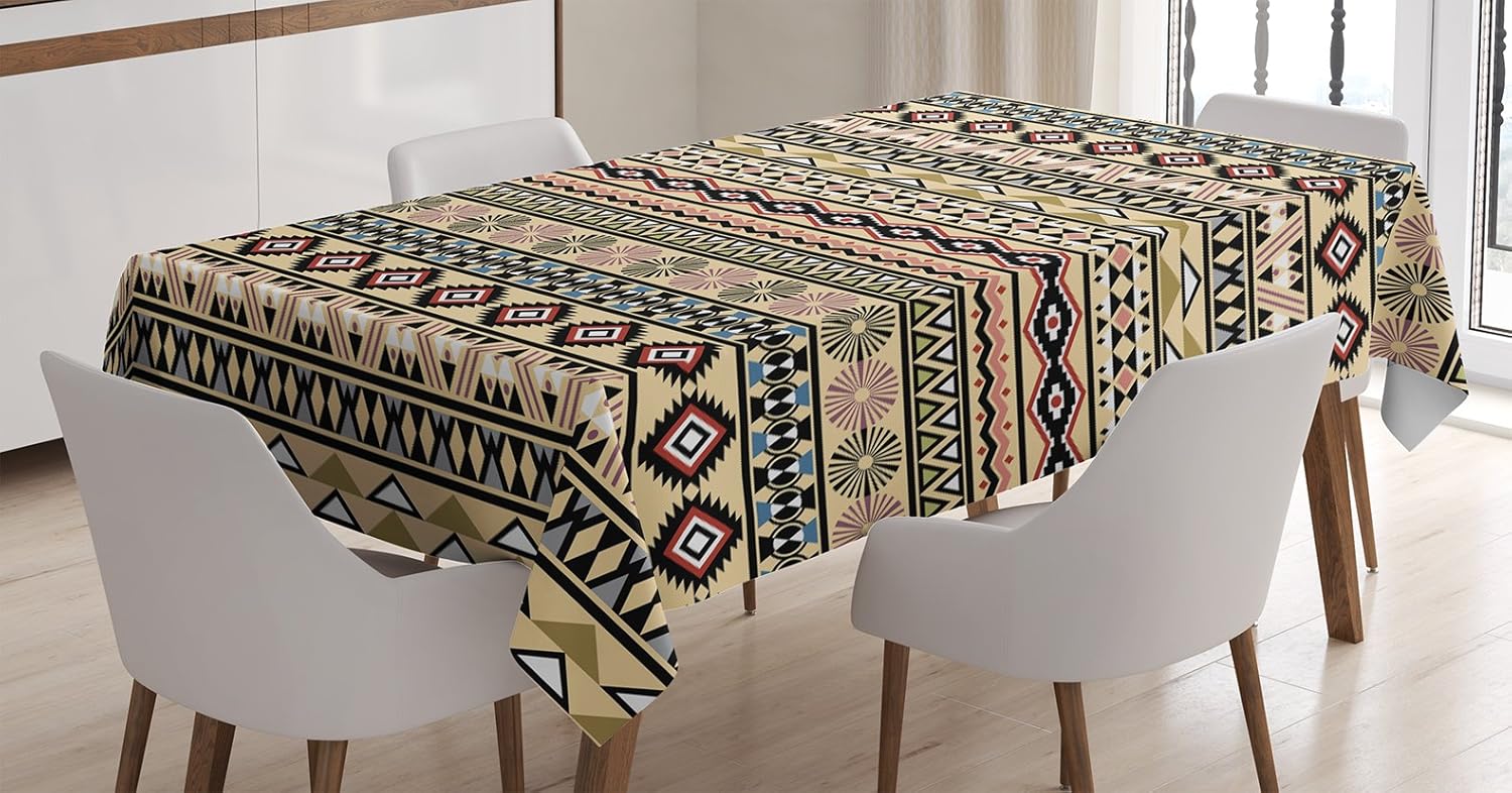 Ambesonne Tribal Tablecloth, Traditional South American Culture Aztec Tribal Print in Retro Soft Color, Rectangular Table Cover for Dining Room Kitchen Decor, 60" X 90", Soft Cream 60" X 90" Soft Cream