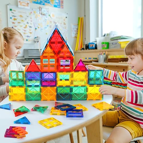 Miniatura 8 de Gemmicc Azulejos magnéticos, 126 piezas + estuche de almacenamiento + 2 figuras, bloques de construcción STEM juguetes magnéticos para niños,