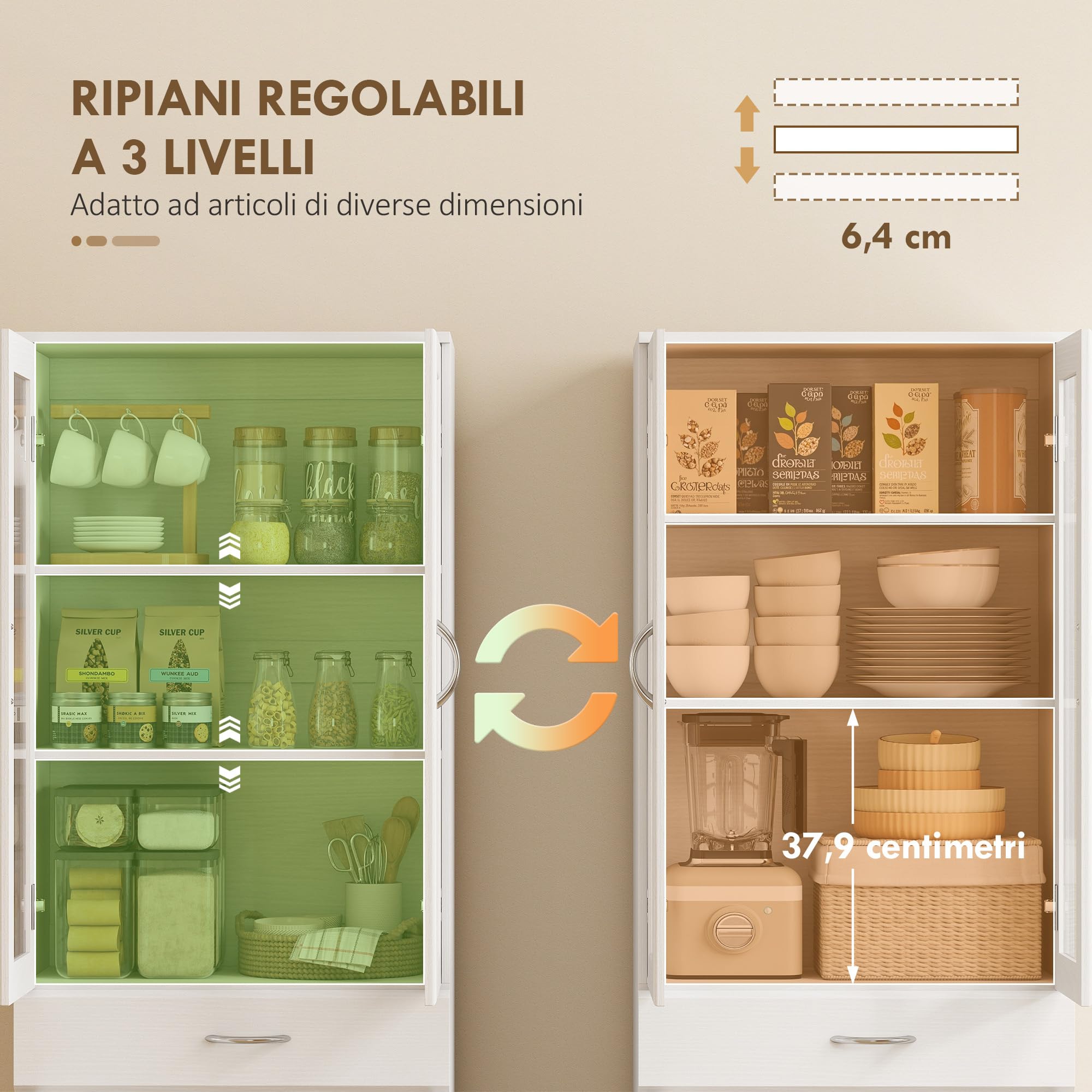 HOMCOM Credenza Cucina Alta 180cm, Mobile Dispensa con Ante in Vetro Soft-Close, Cassetto, 2 Armadietti, Ripiani Regolabili, Mobile Cucina Moderno per Sala da Pranzo Soggiorno, Bianco