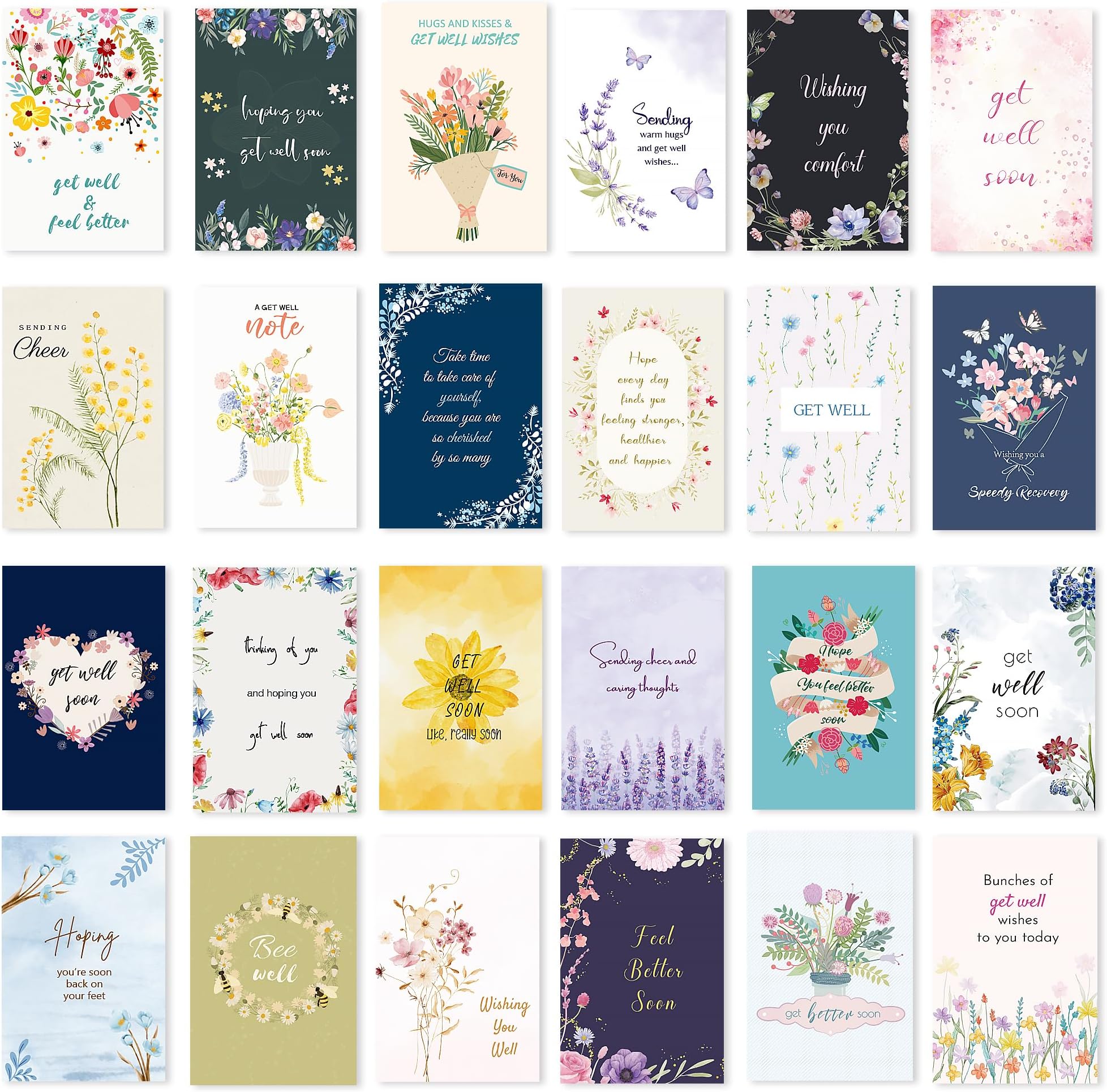 Nihuecne24 Pack Floral Get Well Cards with Self Adhesive Envelopes, 10cm x 15cm Boxed Pre-Filled Word Get Well Note Cards to Friends, Family Members or Lover, 24 Unique Designs