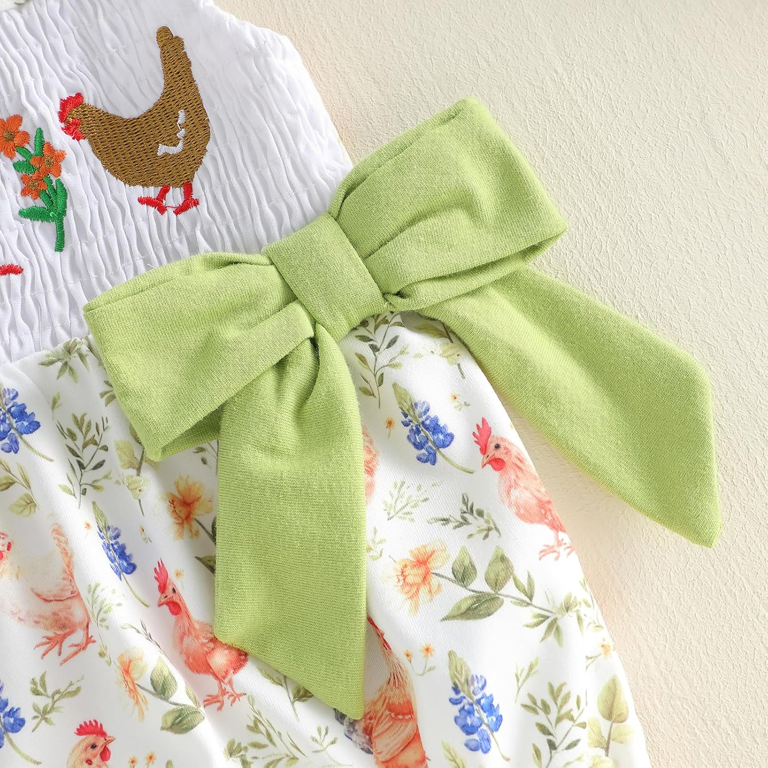 Baby Girl Farm Animal Outfit Chicken Embroidery Flying Sleeve Smocked Bubble Romper Bodysuit Toddler Summer Clothes