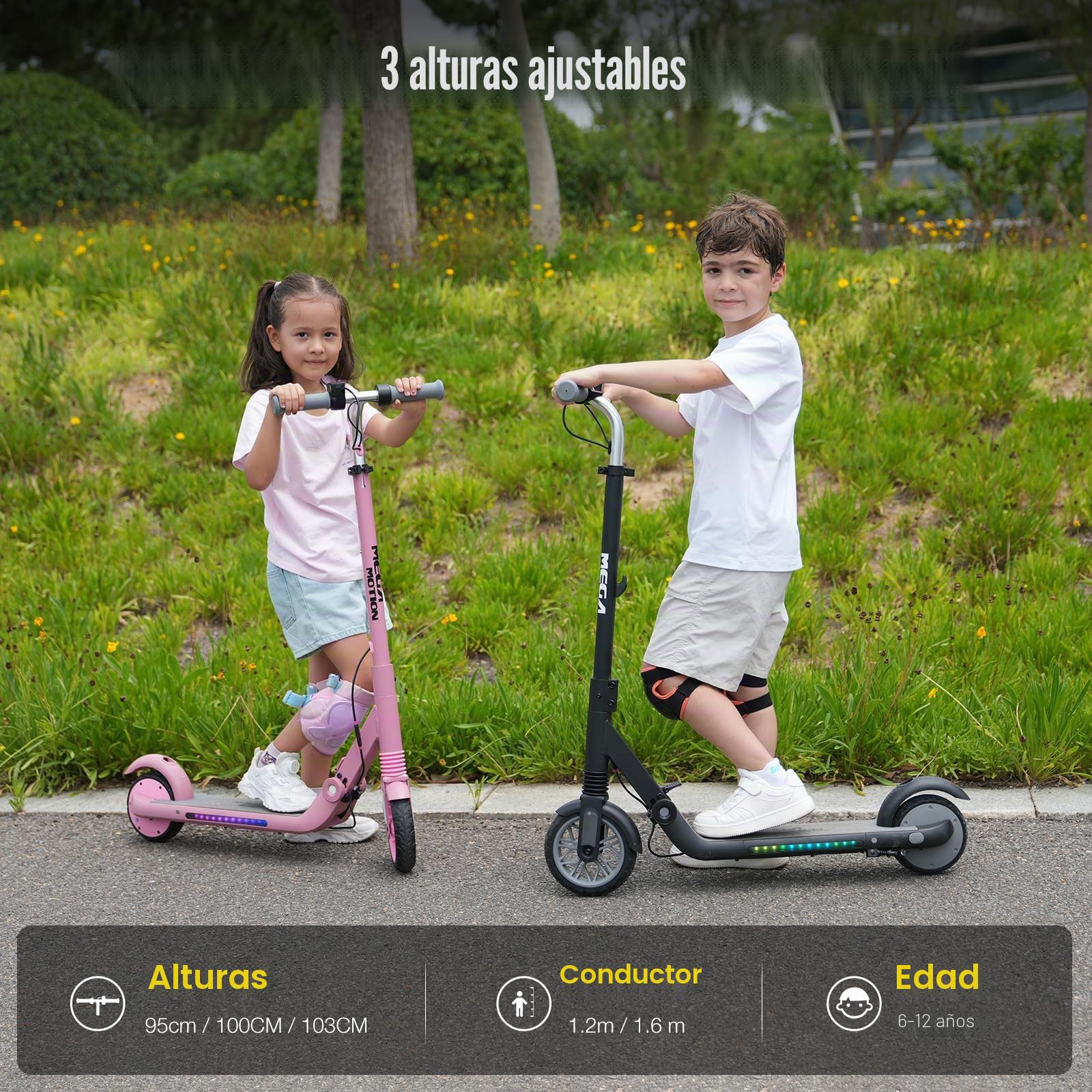 MEGA MOTION Patinete eléctrico para niños, 3 Modos de Velocidad, Motor de 150 W, Velocidad máxima de 16 km/h, Plegable, Manillar Ajustable, Ruedas de 15 cm y luz Lateral LED