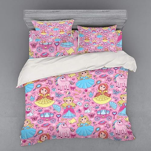 Miniatura 6 de Lunarable Cartoon Bedding Set, Cartoon Characters with Childish Girls Unicorns Fantasy, 4 Piece Duvet Cover Set with Shams and Fitted Sheet, Queen