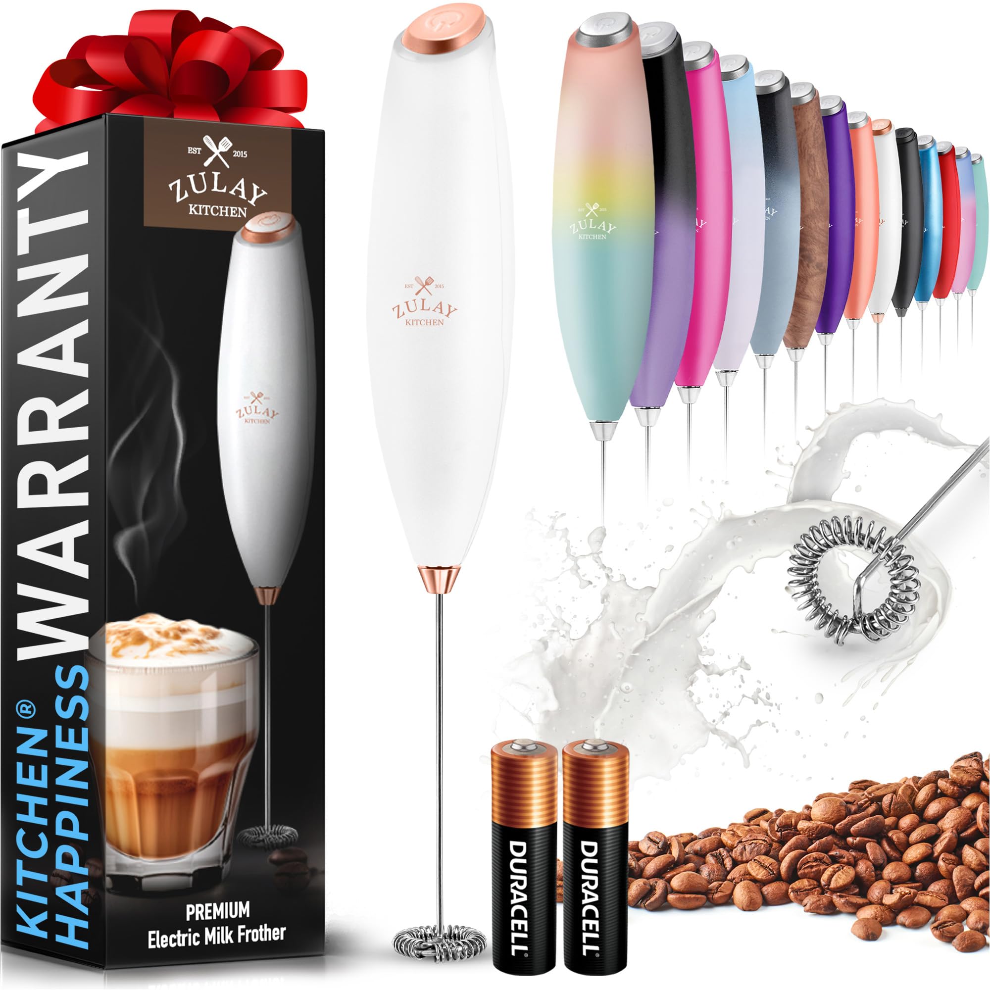 Zulay Powerful Milk Frother for Coffee with Upgraded Titanium Motor - Handheld Electric Whisk, Milk Foamer, Mini Mixer &amp; Coffee Blender for Frappe, Latte, Matcha, No Stand - Gold &amp; White