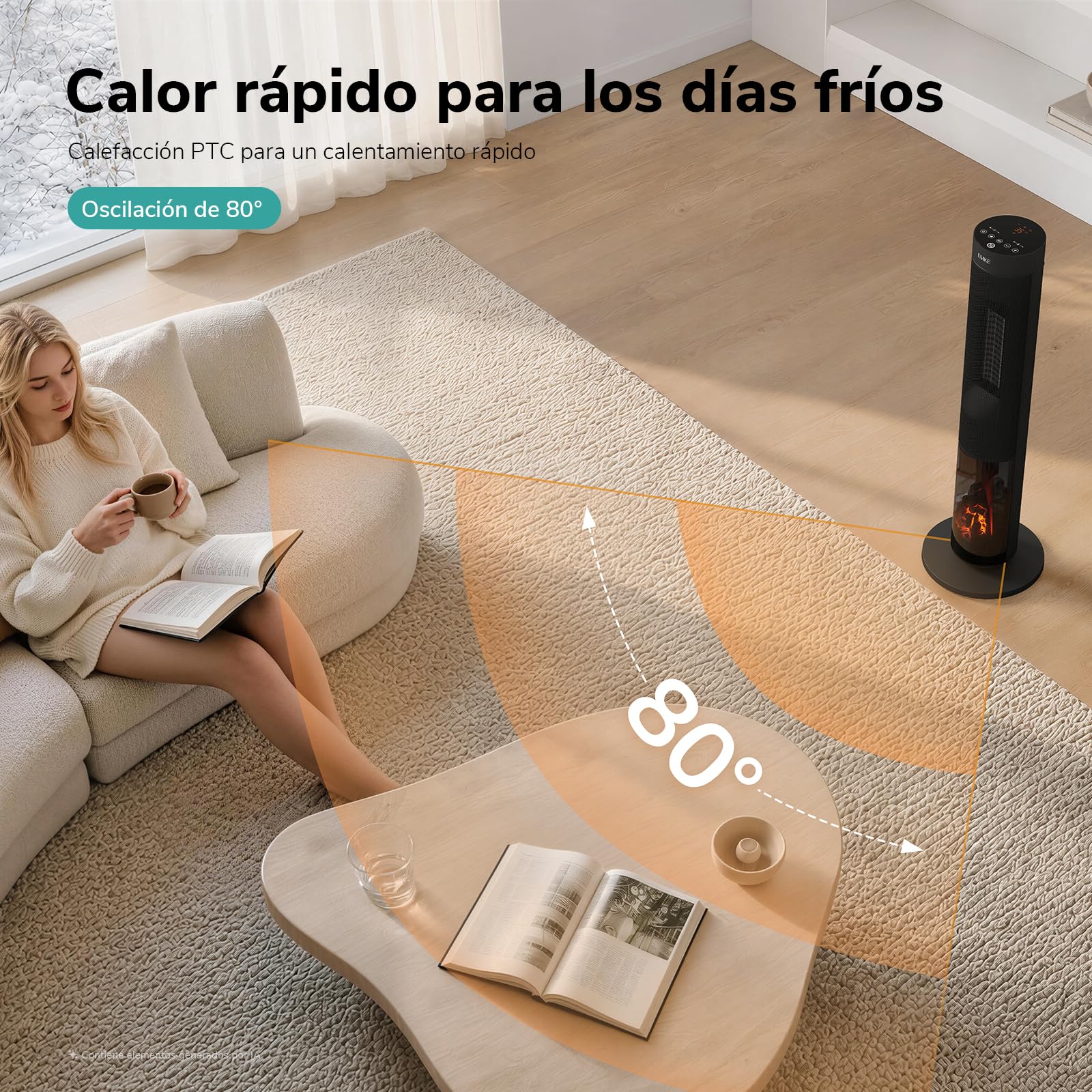 EMKE Estufa de Torre PTC 2000 W con Efecto Llama, 20 m², 83 cm, Negro