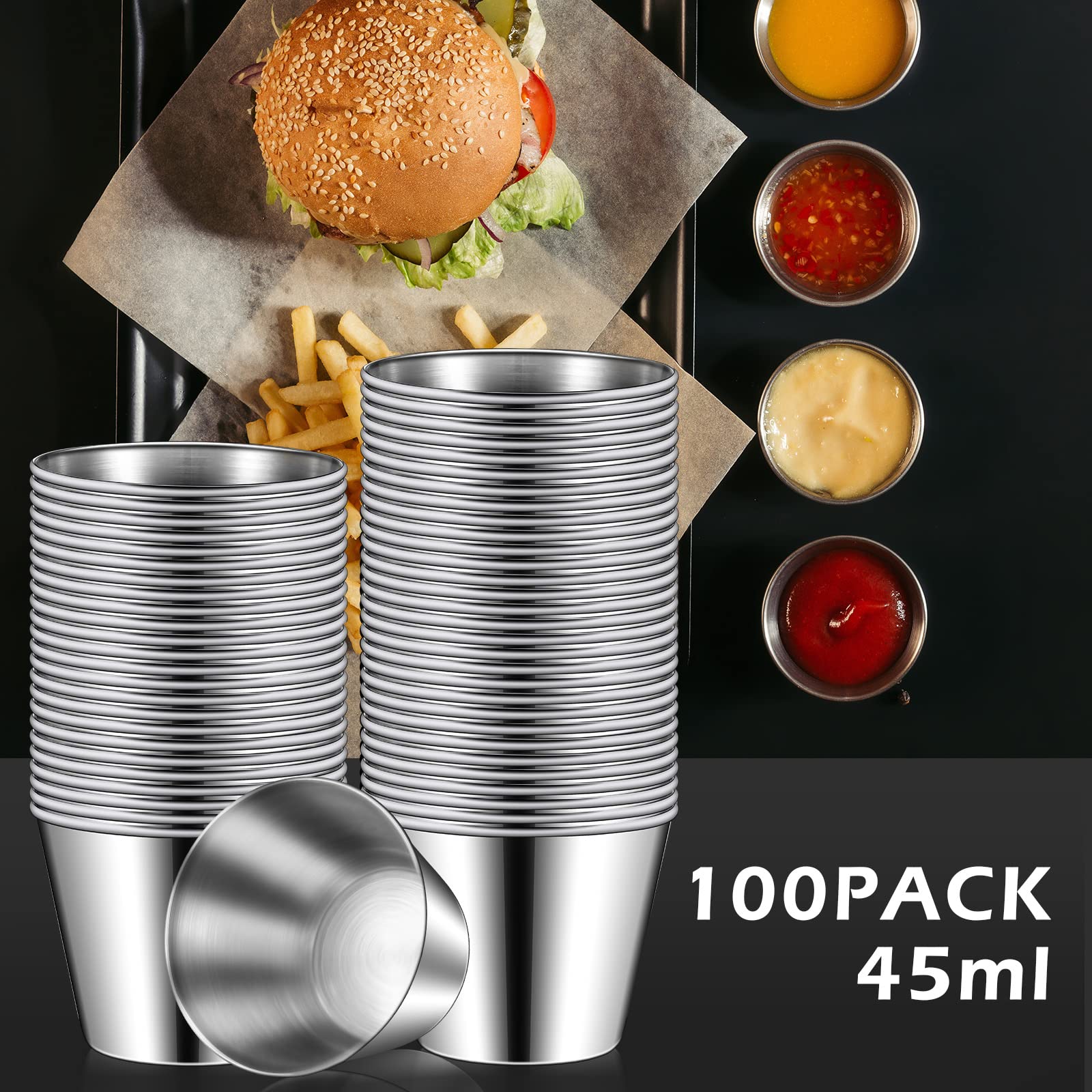 100 tazas de salsa de acero inoxidable de 1.5 onzas, tazas de inmersión para condimentos mentales, recipientes redondos para salsa, cuencos de condimentos para platos, mantequilla, cocina,