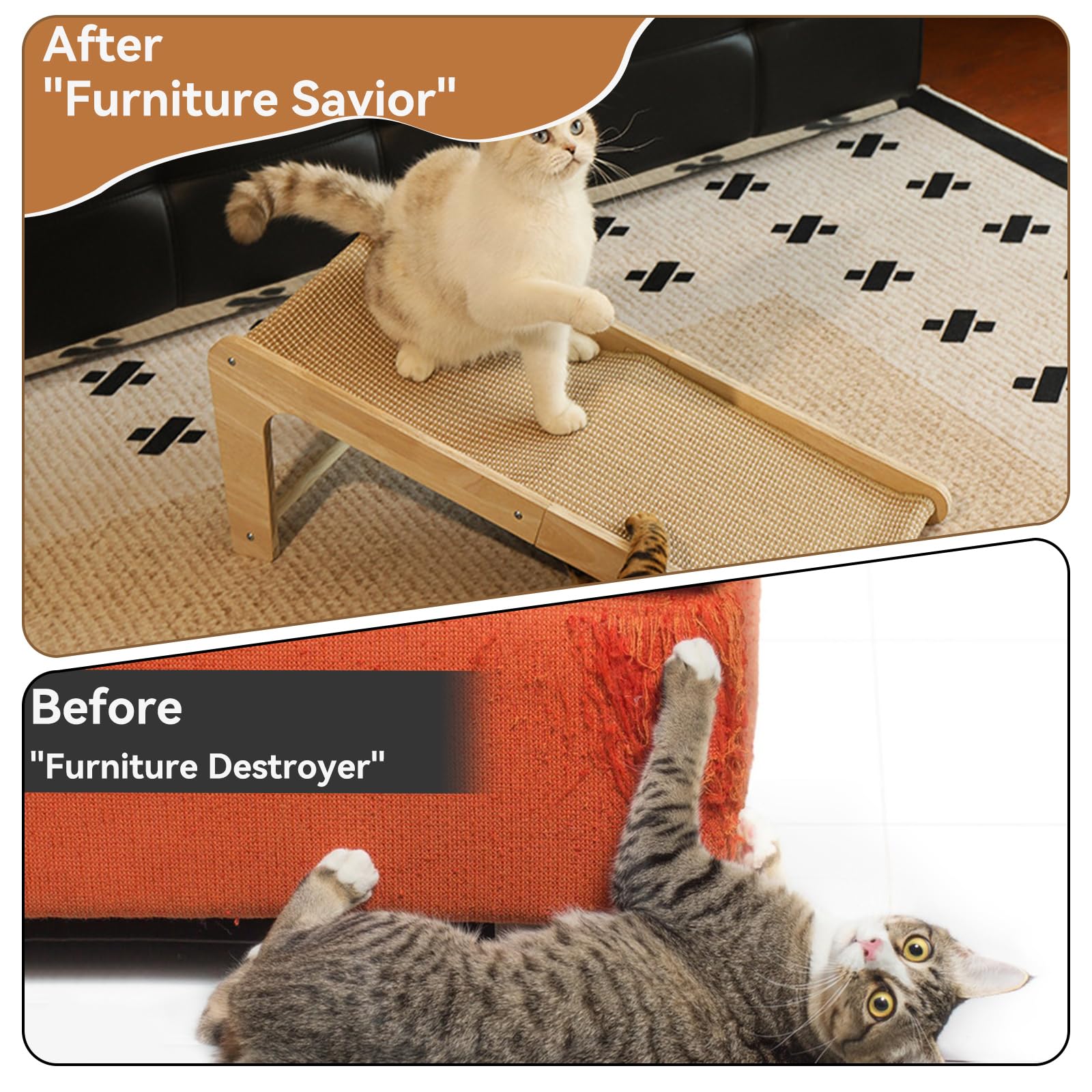 Sisal Katzenkratzer, L-Form 105° Kratzpad, 68 cm hoch Kratzbrett für Indoor-Katzen, Wandmöbelschutz für alle Katzen liegend, Entspannen mit Ballspielzeug