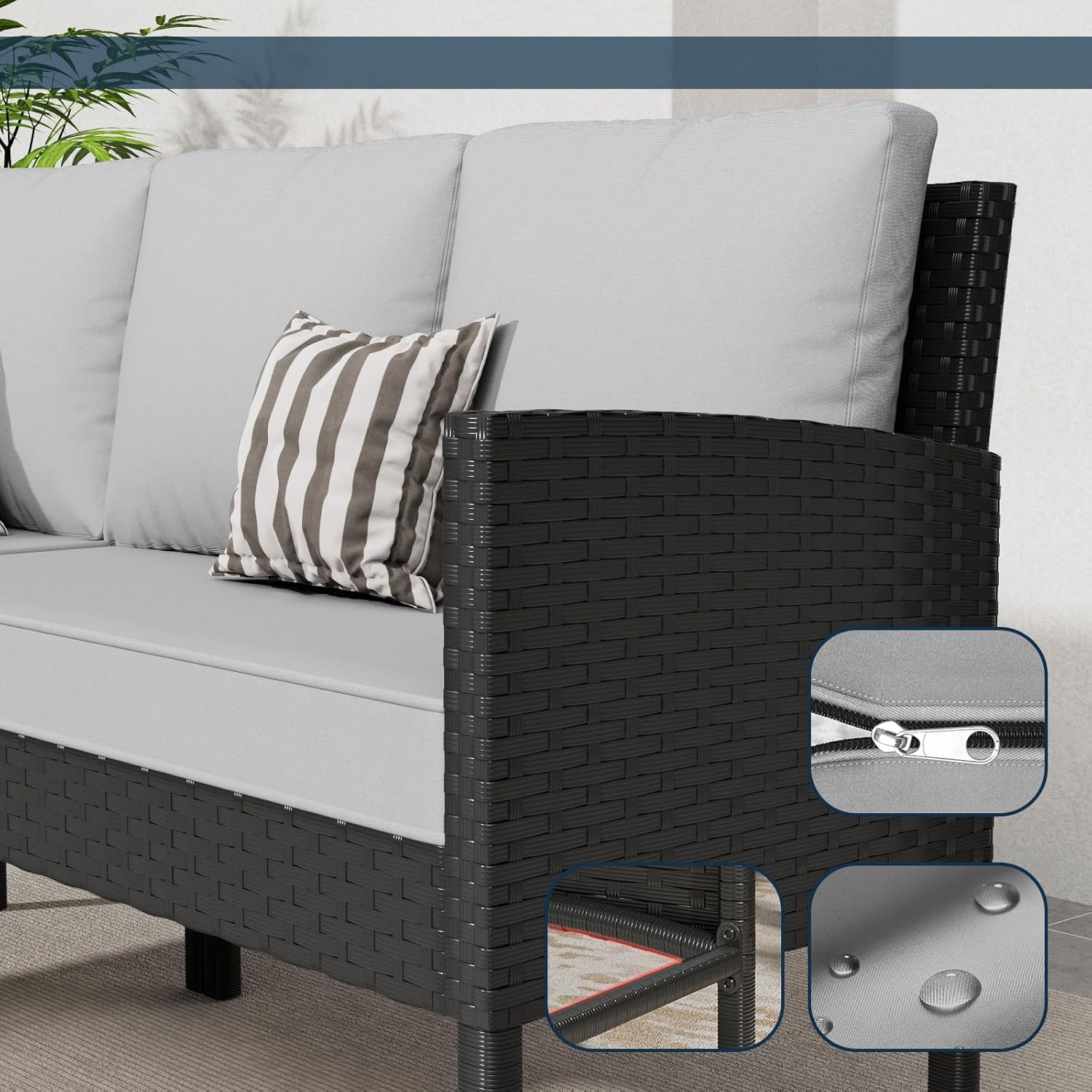 7-Piece Outdoor Patio Furniture Set, Wicker Sectional Sofa with Seat & Back Cushions & 3 Pillows, All-Weather Conversation Set with Long Glass Coffee Table for Garden, Porch, Lawn, Gray