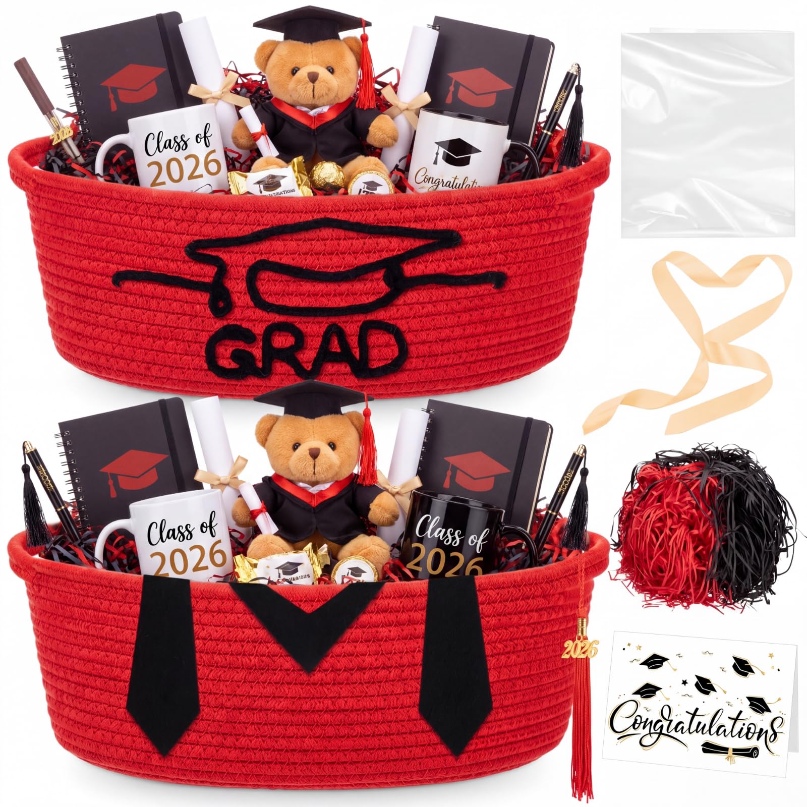 Colingmill 2 Pack Class of 2026 Graduation Empty Gift Basket 14''x10''x5.5'' Woven Rope Basket Empty to Fill with Grad Design Bag Ribbon Card Tassel, Decorative DIY Congrat Gift(Red and Black)