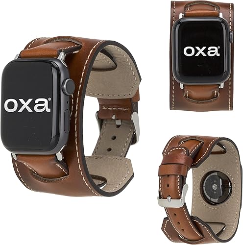 OXA Leather Cuff Watch Band Compatible with Apple Watch Series 9 8 7 6 5 4 3 2 1 SE Ultra 1&2 Polished Stainless-Steel Buckle and Adapters Men