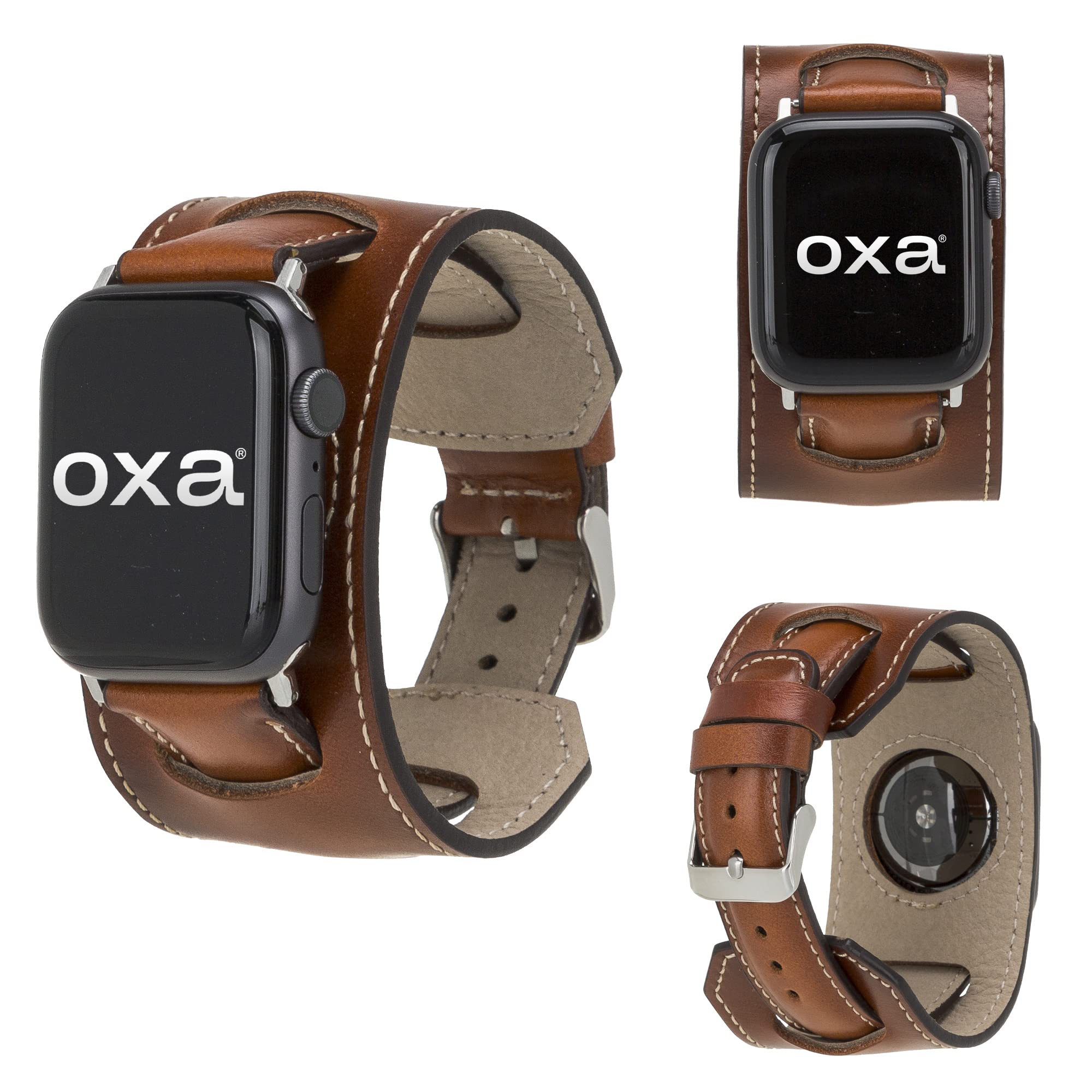 OXA Leather Cuff Watch Band Compatible with Apple Watch | Series 8 7 6 5 4 3 2 1 SE Ultra | Polished Stainless-Steel Buckle and Adapters | Men and Women | 42mm 44mm 45mm 49mm | - Rustic