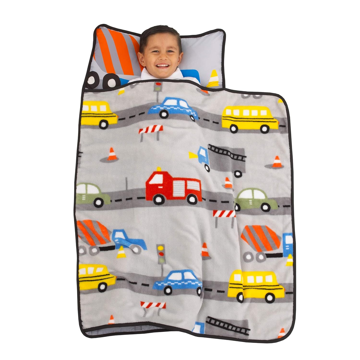 Everything Kids Grey, Red, Yellow and Blue Construction Toddler Nap Mat with Pillow and Blanket with Pillow and Blanket
