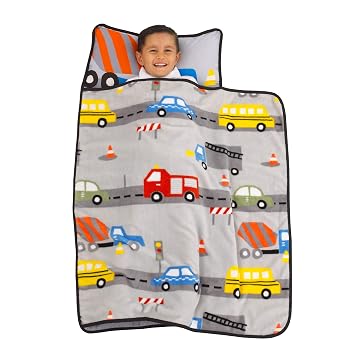 Everything Kids Grey, Red, Yellow and Blue Construction Toddler Nap Mat with Pillow and Blanket with Pillow and Blanket