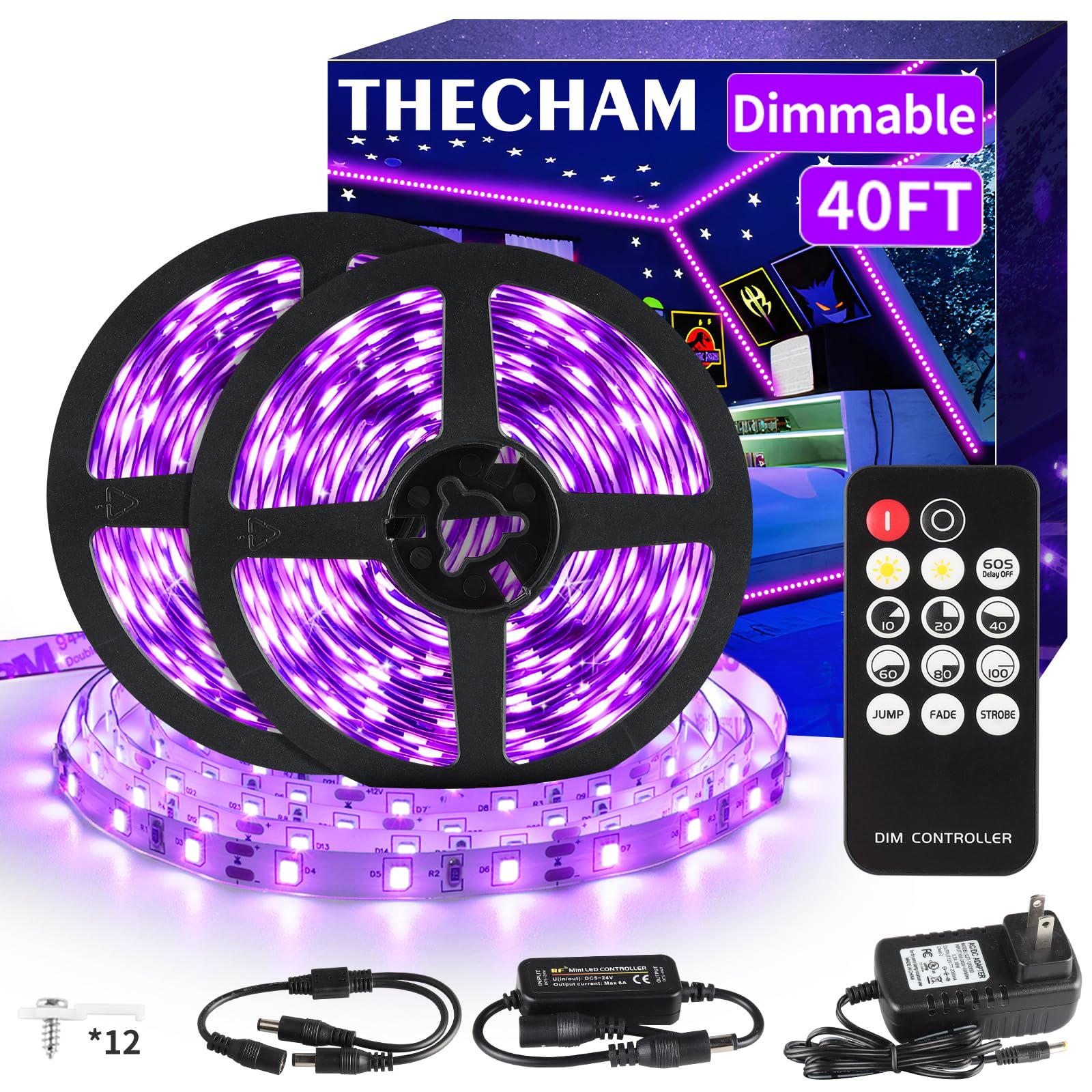 40ft Black Light Strip with Remote, 720 LED Lamp Beads, 12V Flexible Lights for Glow Party, Dimmable, Delay Off, 3 Light Modes, Indoor Fluorescent Party, Stage Lighting