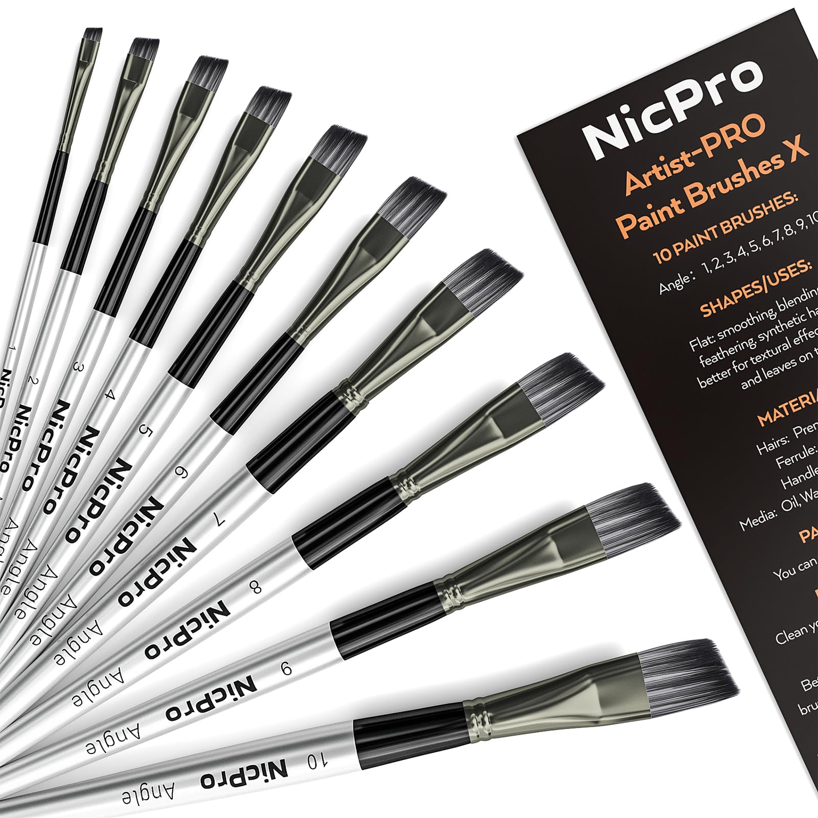 Nicpro 10 PCS Angular Paint Brush Set, Nylon Hair Angled Paint Brushes for Acrylic, Water…