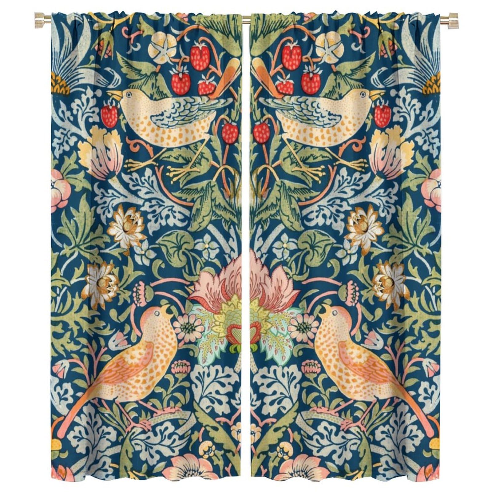 COALHO,Rustic Mid Century Boho Art Curtain Abstract William Morris Floral Spring Bird Fruit Prints Window Treatments Thermal Insulated Rod Pocket Blackout Curtains for Bedroom-2 Panels 54" L x 21" W