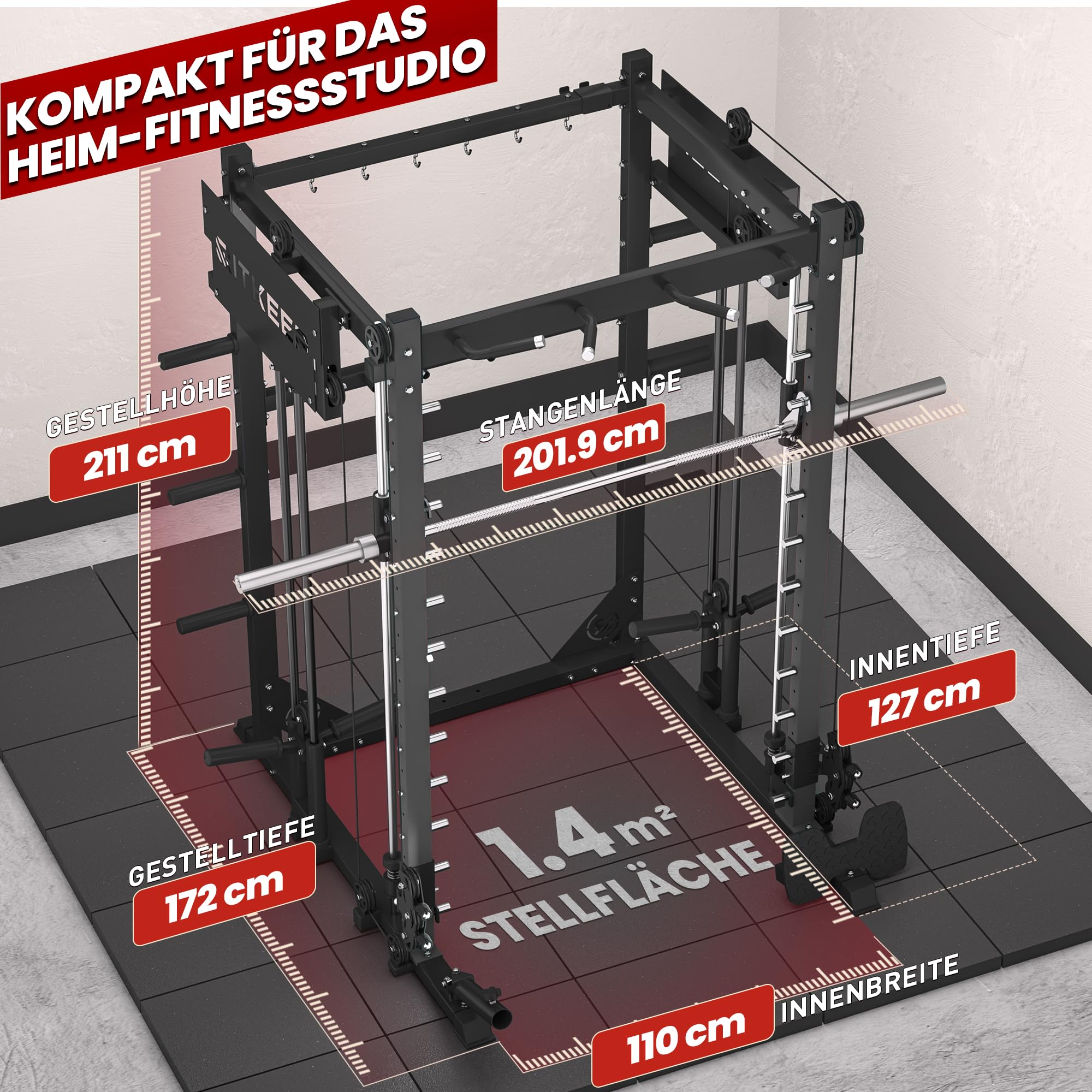 Smith Machine mit Jammer Arms, Beinpresse-Board und Bank – RitKeep PMAX-4750, duales scheibenbeladenes Fitnessgerät mit einstellbarem 1:1- & 2:1-Flaschenzugsystem