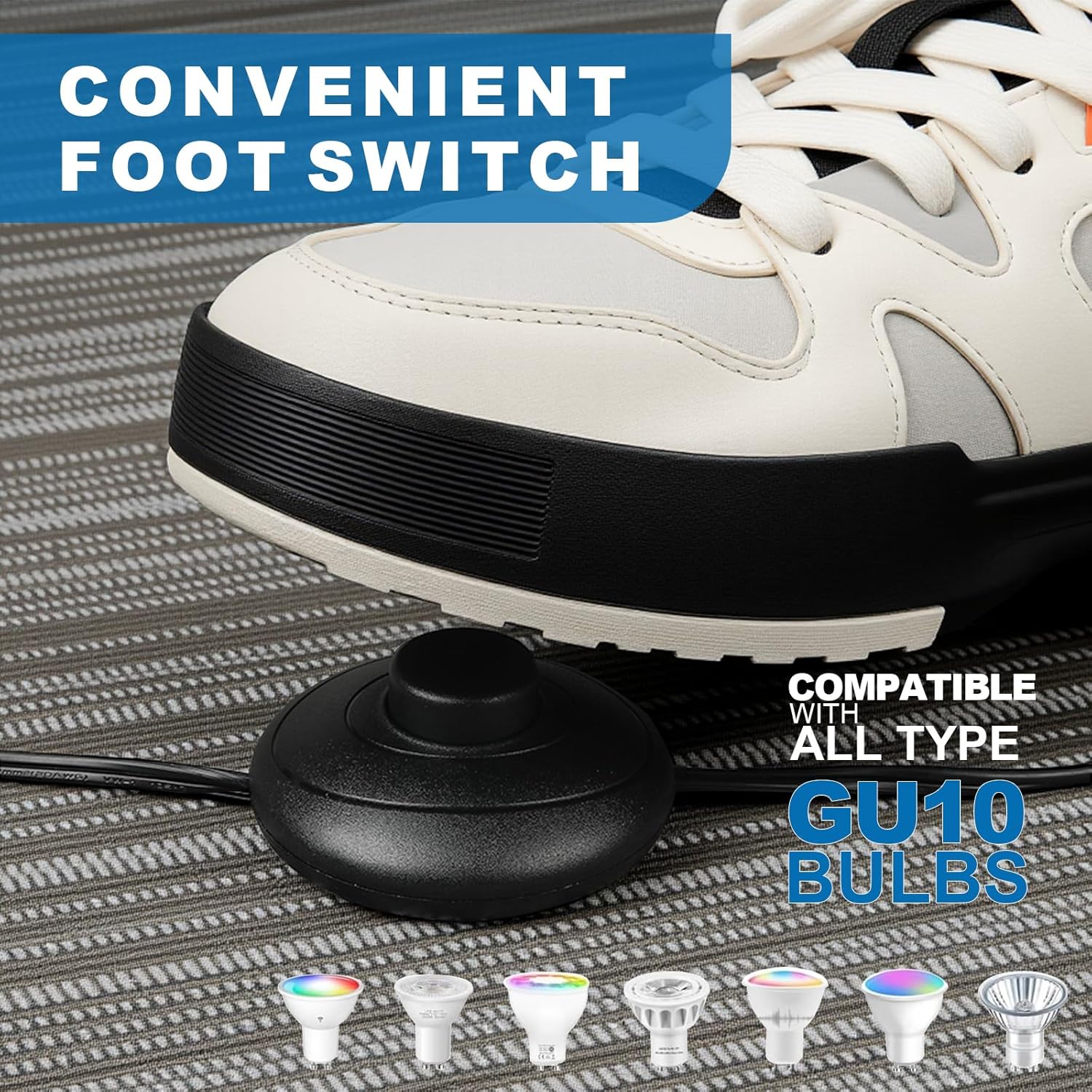 2 Pack Uplighting Spotlights with GU10 Bulbs - Adjustable 3000K/4000K/6000K, Indoor Floor Can Lights with 5.9 FT Cord & Foot Switch, Black