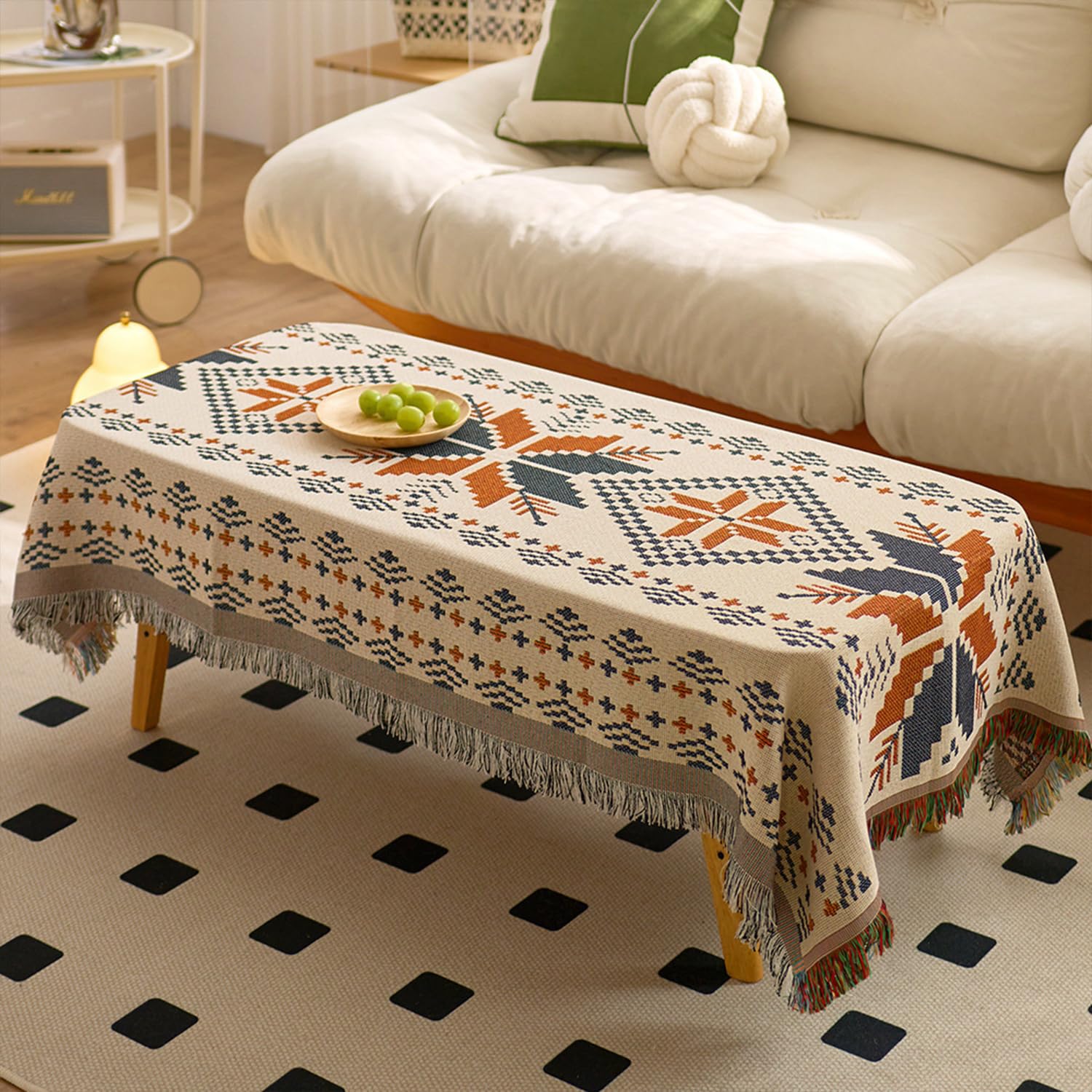 Nappe rectangulaire à Motif Feuilles d'automne avec Pompons, en Polyester-Coton, Lavable et Anti-poussière, idéale pour Les fêtes de Thanksgiving et Le Quotidien. Décoration intérieure, 90 x