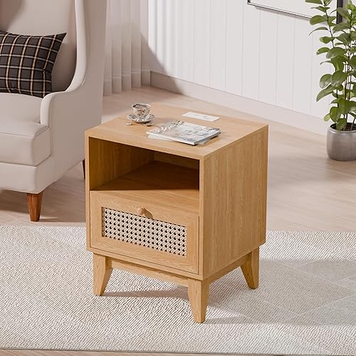 Miniatura 8 de Betterhood Mesita de noche de ratán, mesita de noche con cajones, mesita de noche con estación de carga, mesa auxiliar de cama, mesita de noche