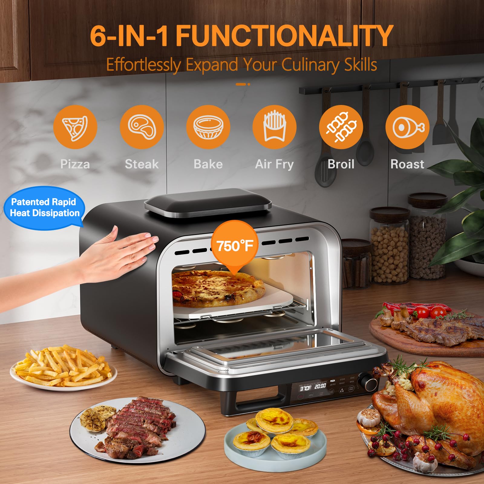G.a HOMEFAVOR 1800W Electric Countertop Pizza Oven, 12 inch Indoor Multi-Function Pizza Maker with Air Fry, Bake, Roast, Broil & Grill, High Heat 750°F for Crispy Crust, Family Kitchen Appliance