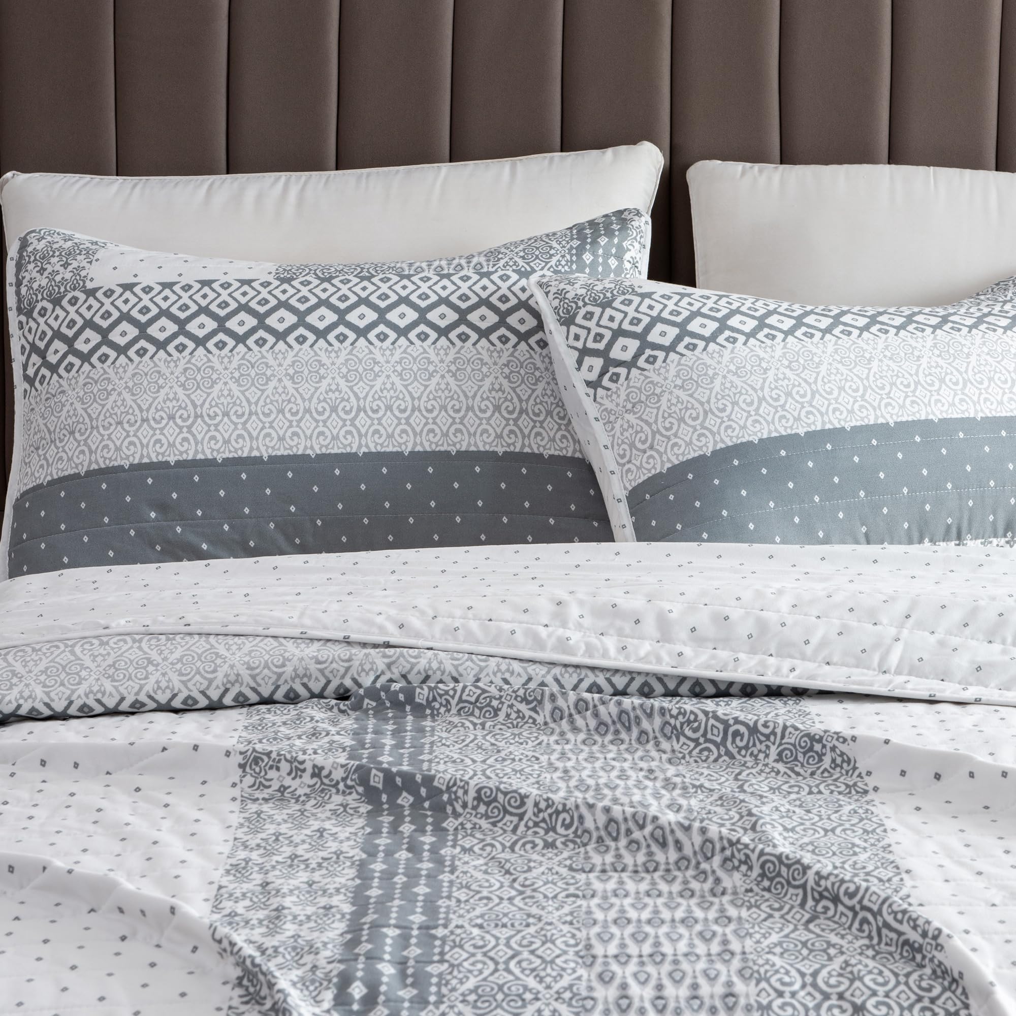 Dobuyly Juego De Edredón Rosa Y Gris Tamaño Queen De 7 Piezas En Una Bolsa, Juego De Edredón Estampado Floral En Gris Con Sábanas, Juego Completo De Ropa De Cama Botánico