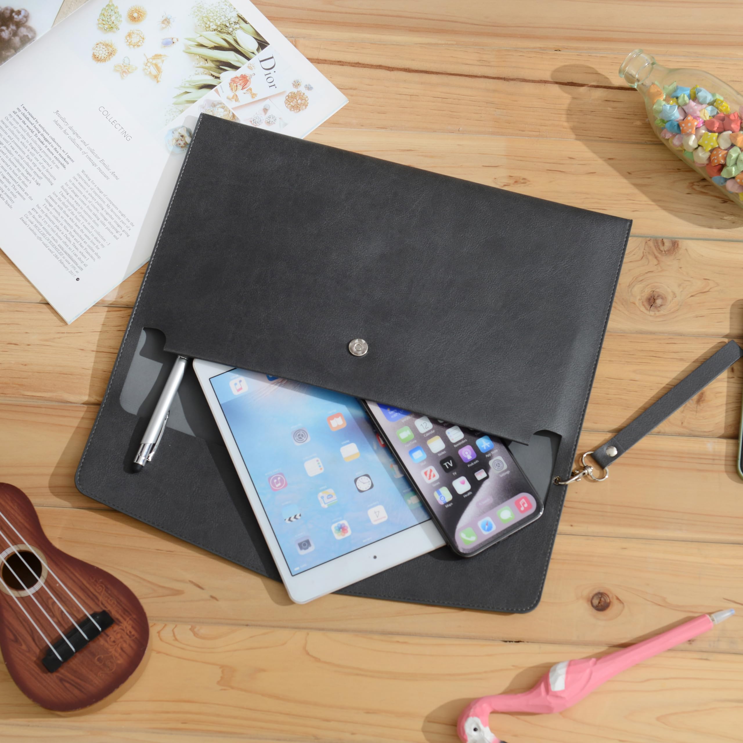 Wonderpool A4 Cartelle Portadocumenti Busta in PU Pelle Alta Capacità Multifunzione Portafoglio per Carta Lettera Cancelleria Organizer e Custodia per Tablet PC (Grigio scuro)
