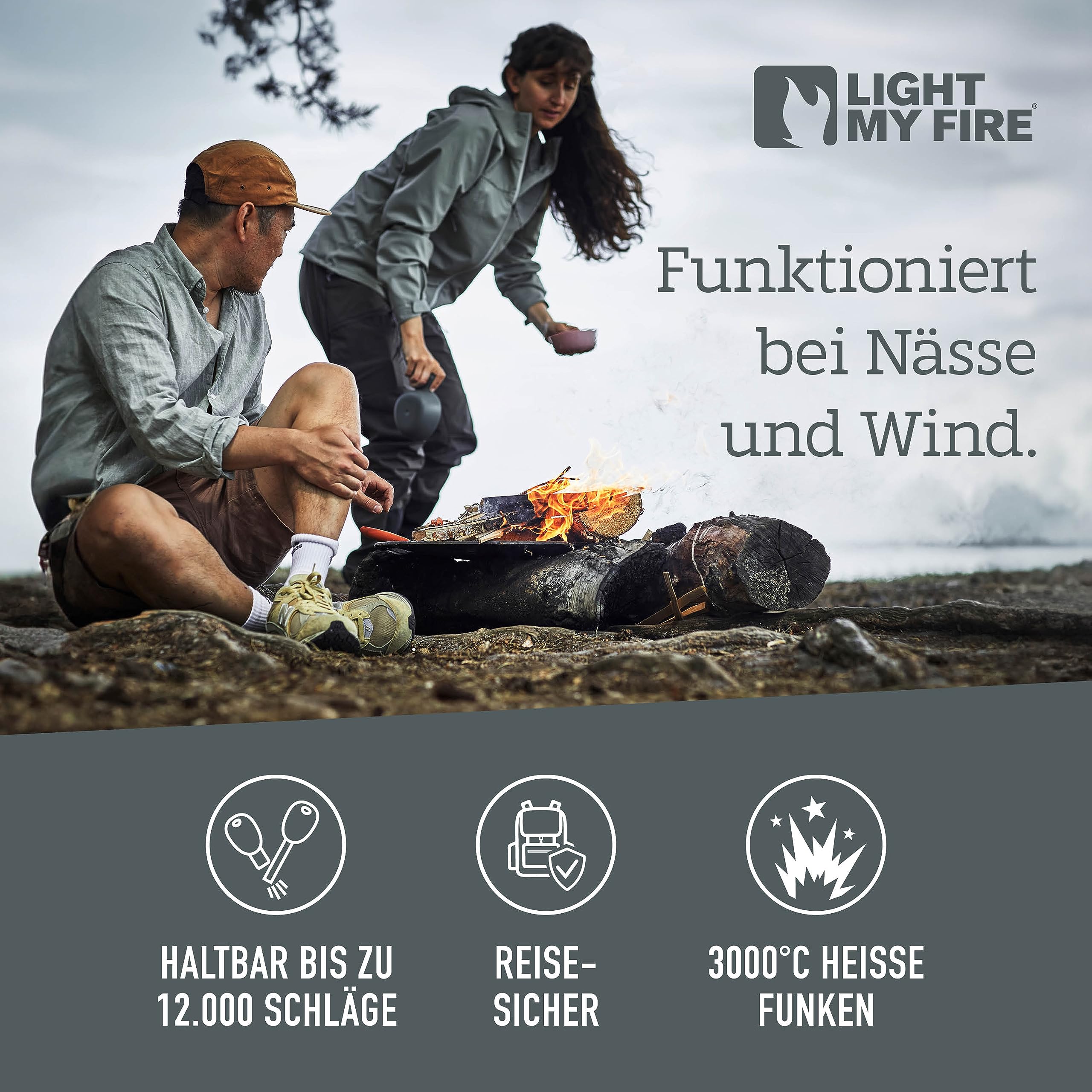 LIGHT MY FIRE Feuerstahl Outdoor Army, 10 mm, 12000 Zündungen, 2-in-1 mit Notfallpfeife, Feuerstahl XXL Survival Gadget Feuerstein Feuerzeug, Ewiges Streichholz mit Bio-basierter Kunststoffgriff