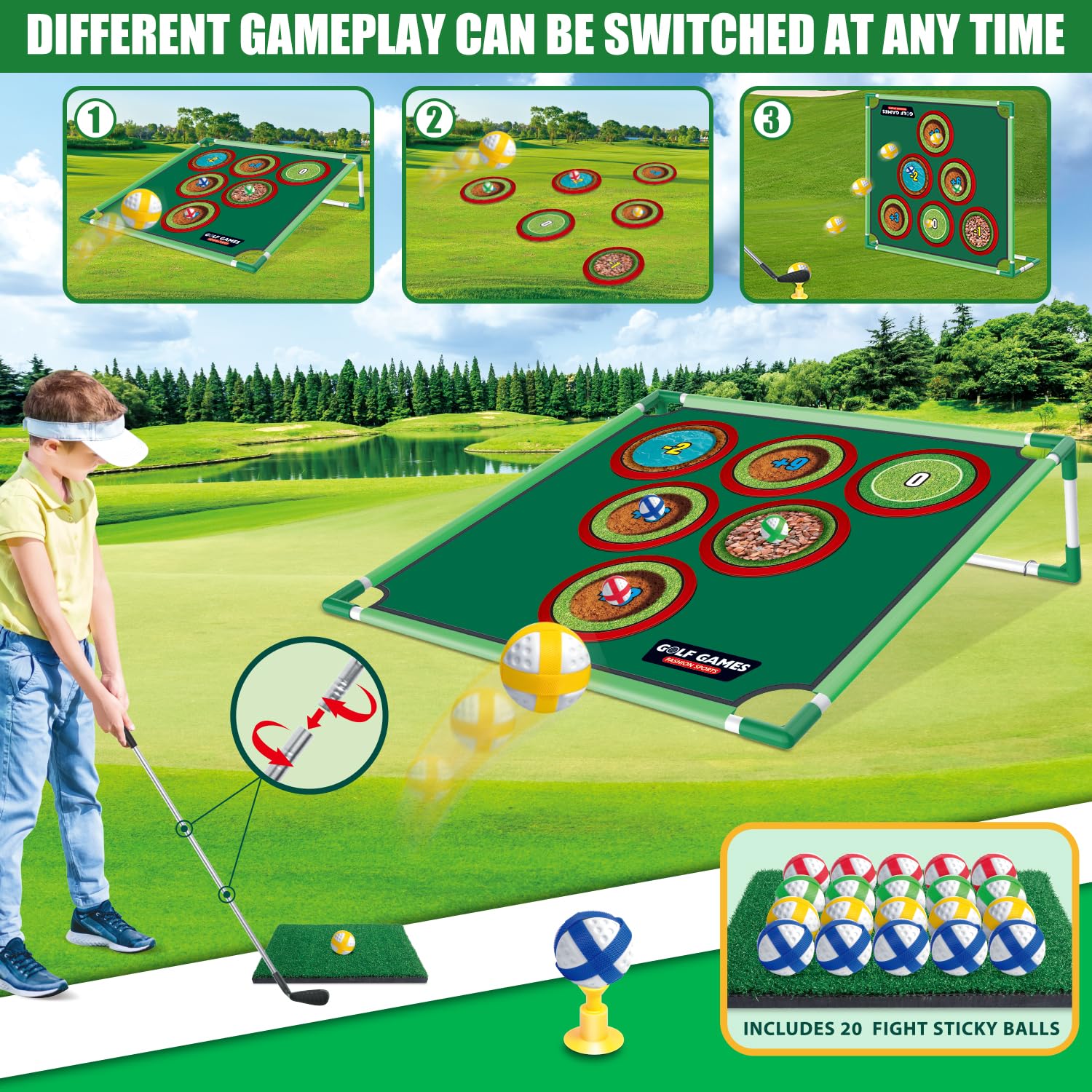 Mostop Juego de golf – Juego de juego de golf – Juego de cornhole para patio trasero, incluye alfombrilla de putting Mat, 20 bolas adhesivas, 6 orificios cubiertas, bolsa de transporte, juegos de golf