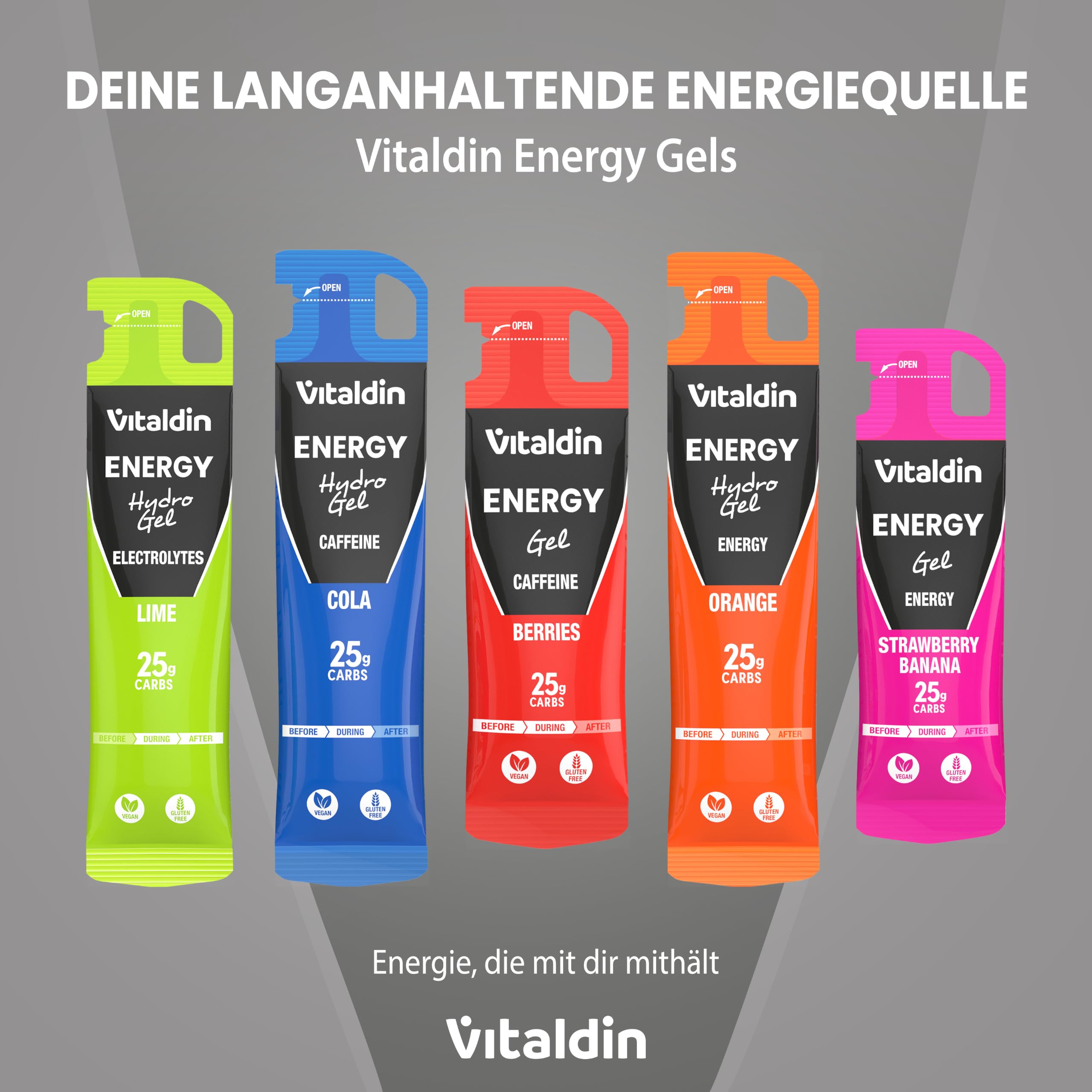 VITALDIN SPORT Energy Gel Caffeine – 24 Gels x 40 g – Energiegel mit Beerengeschmack – 60 mg Koffein & Vitamin B6 – Schnelle Energie & allmähliche Freisetzung – Running, Radfahren & Sport di Ausdauer…