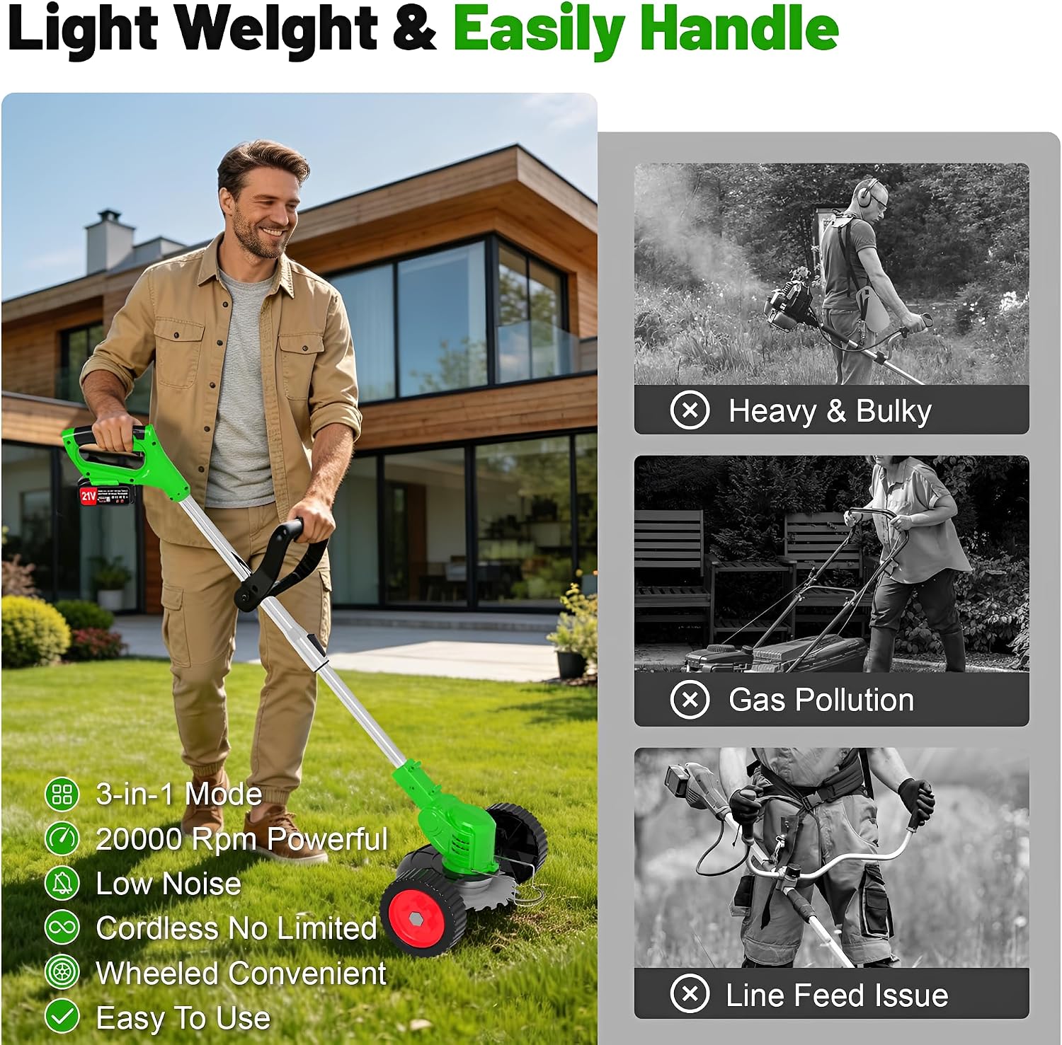 Electric Weed Wacker Cordless,21V Weed Eater Battery Powered,No String Trimmer Battery Operated Lawn Trimmer,3 In 1 Grass Trimmer/Brush Cutter/Lawn Edger,Lightweight Wheel Weed Trimmer for Garden Yard