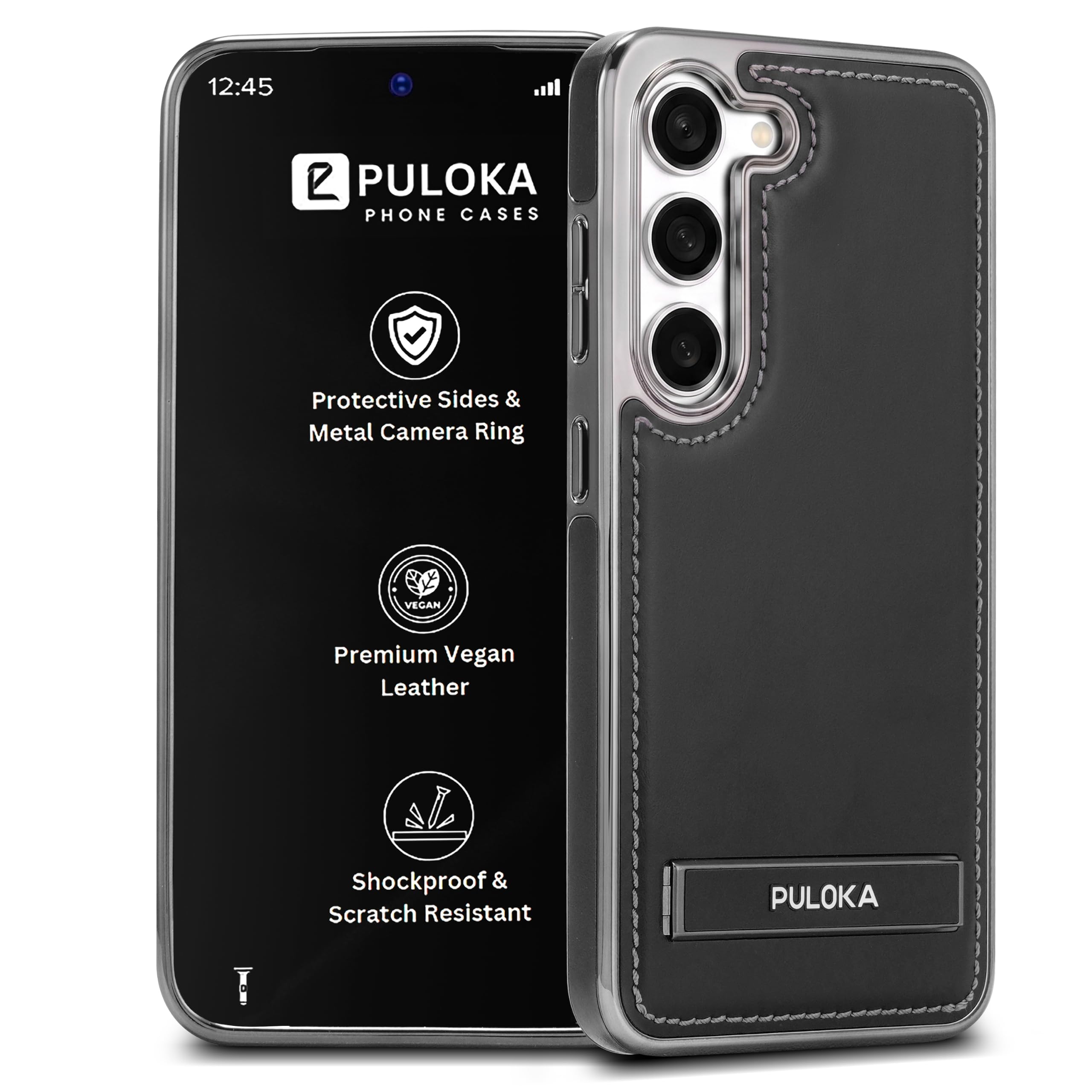 PULOKA Chrome Leather Back Case - Compatible with Samsung Galaxy S23 - Luxury Bumper Case - Flexible Vegan Leather - Electroplated Sides - Full Camera Protetection & Raised Edges (Black)