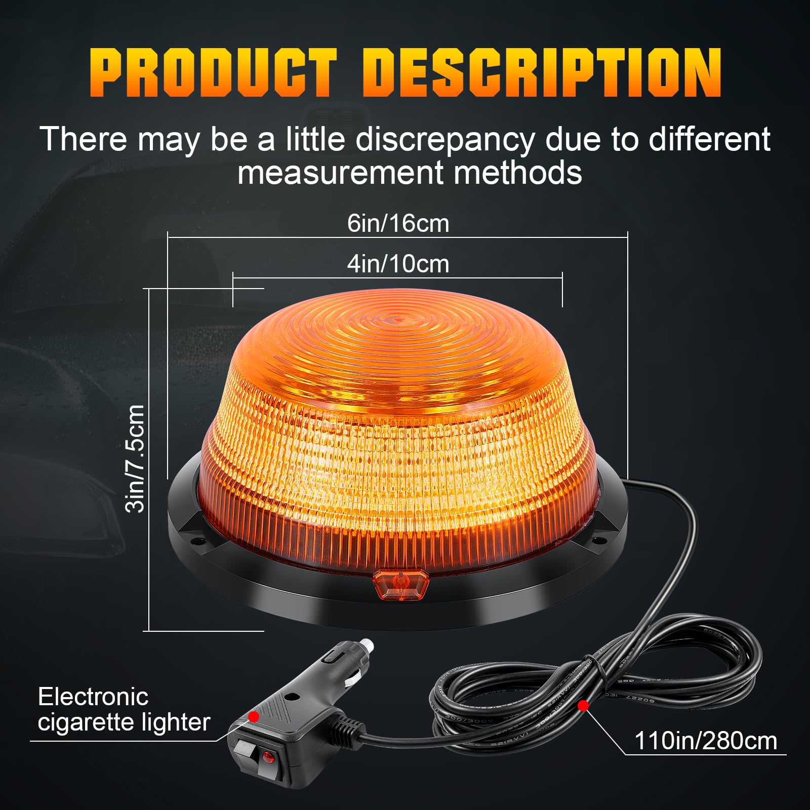 Willpower Lampa ostrzegawcza LED 16 cm, 12 V, 24 V, pomarańczowa, migająca magnetyczna, światło awaryjne do golfa UTV, autobus samochodowy, ciągnik, z kablem 3 m