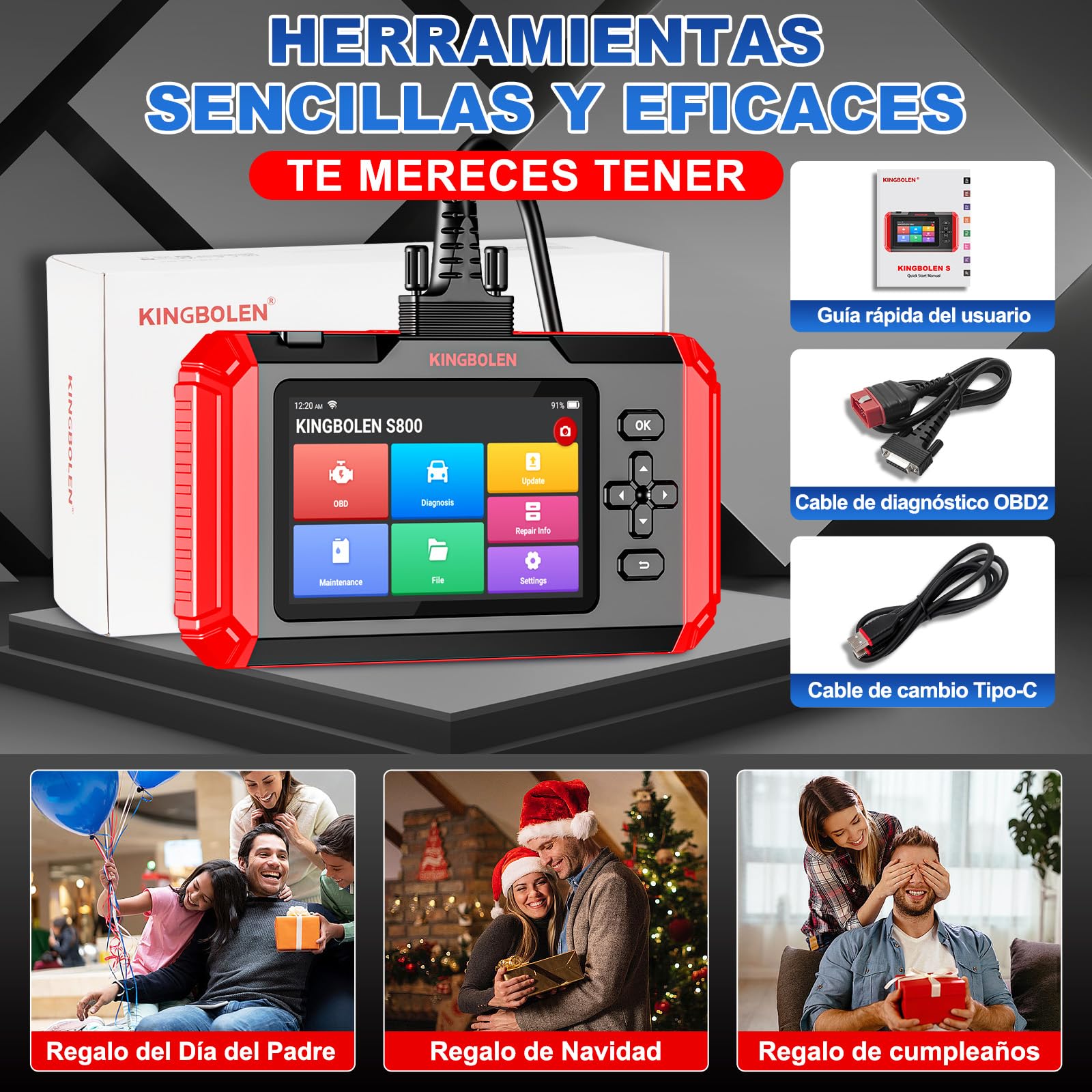 KINGBOLEN Diagnosis Coche Multimarca de 4 Sistema(ABS/SRS/ECM/TCM),S800 Maquina Diagnosis Coche con de 15 Funciones Especiales para Siempre, Obd2 Diagnosis Coche, Auto Vin
