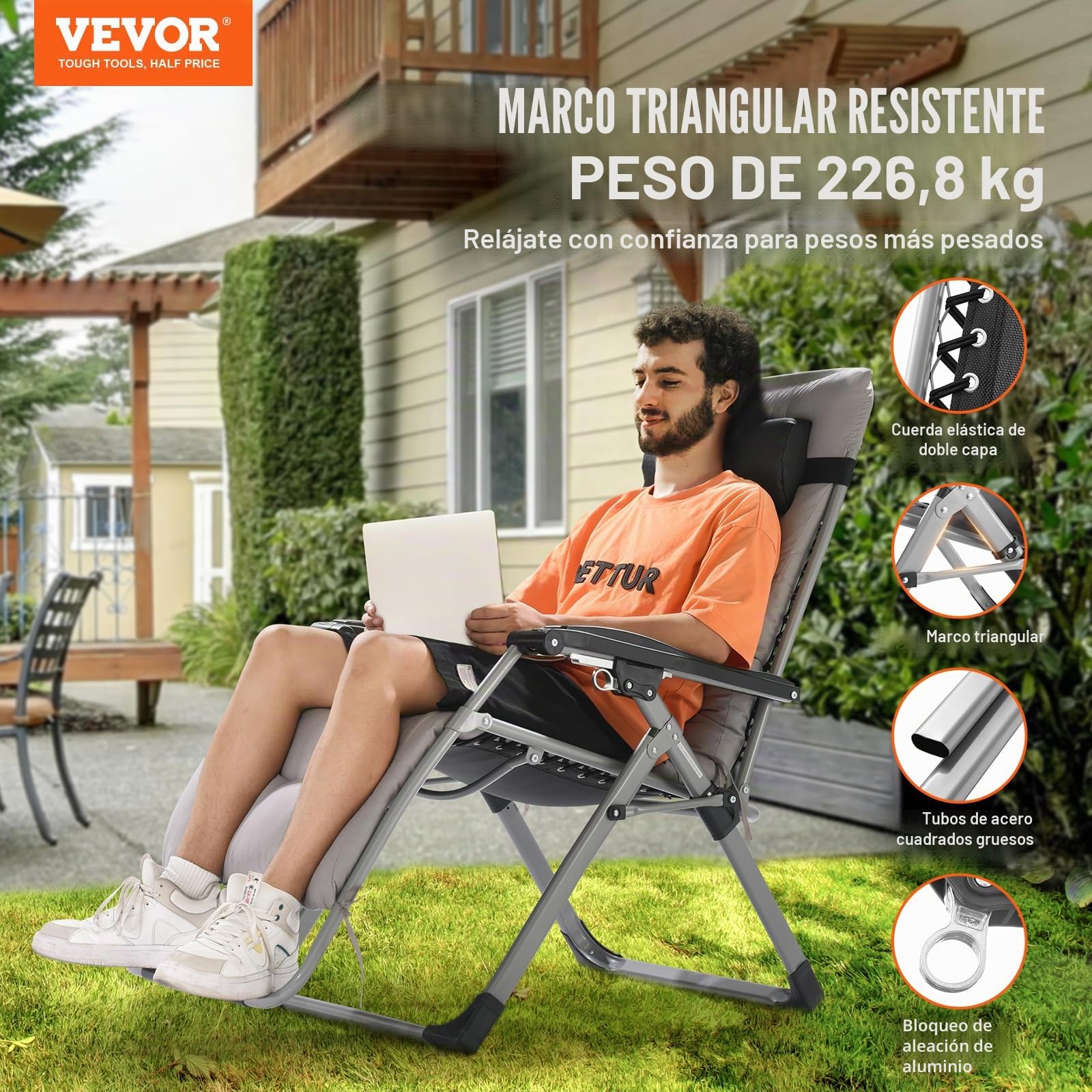 VEVOR Silla de Gravedad Cero 645 mm Sillón Reclinable para Jardín Tumbona para Terraza Capacidad de 226,8 kg Tumbona Antigravedad Ajustable con Cojín Reposacabezas Reposapiés Portavasos, Gris