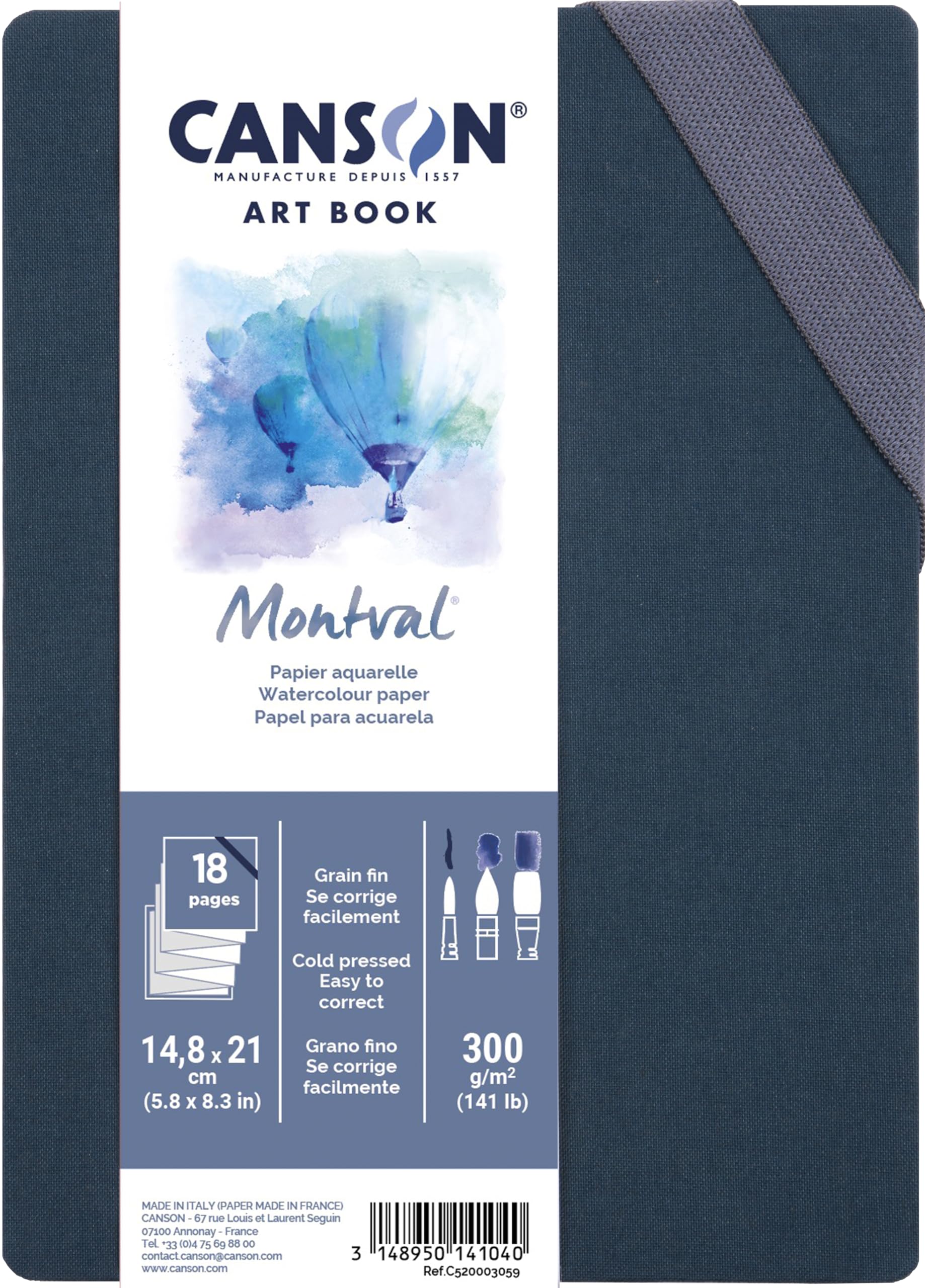 Canson Professional Book, Watercolor Paper, Fine Grain, 300gsm, Accordion Notebook, Hardcover, 14.8 x 21 cm, White, 18 Pages