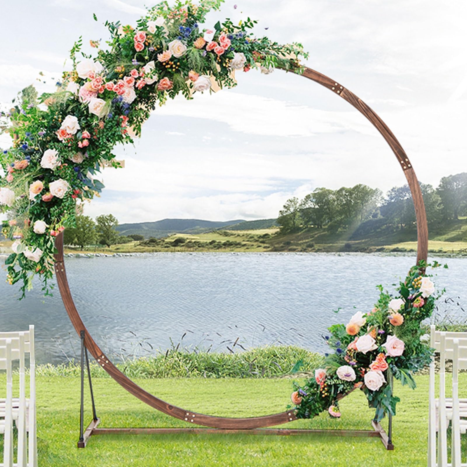 Hochzeitslaube, hölzerner Hochzeitsbogen für Zeremonien, 2 m runder Laubengang aus Massivholz als Hochzeitshintergrundständer, rustikale Boho-Hochzeitsdekoration für drinnen und dr