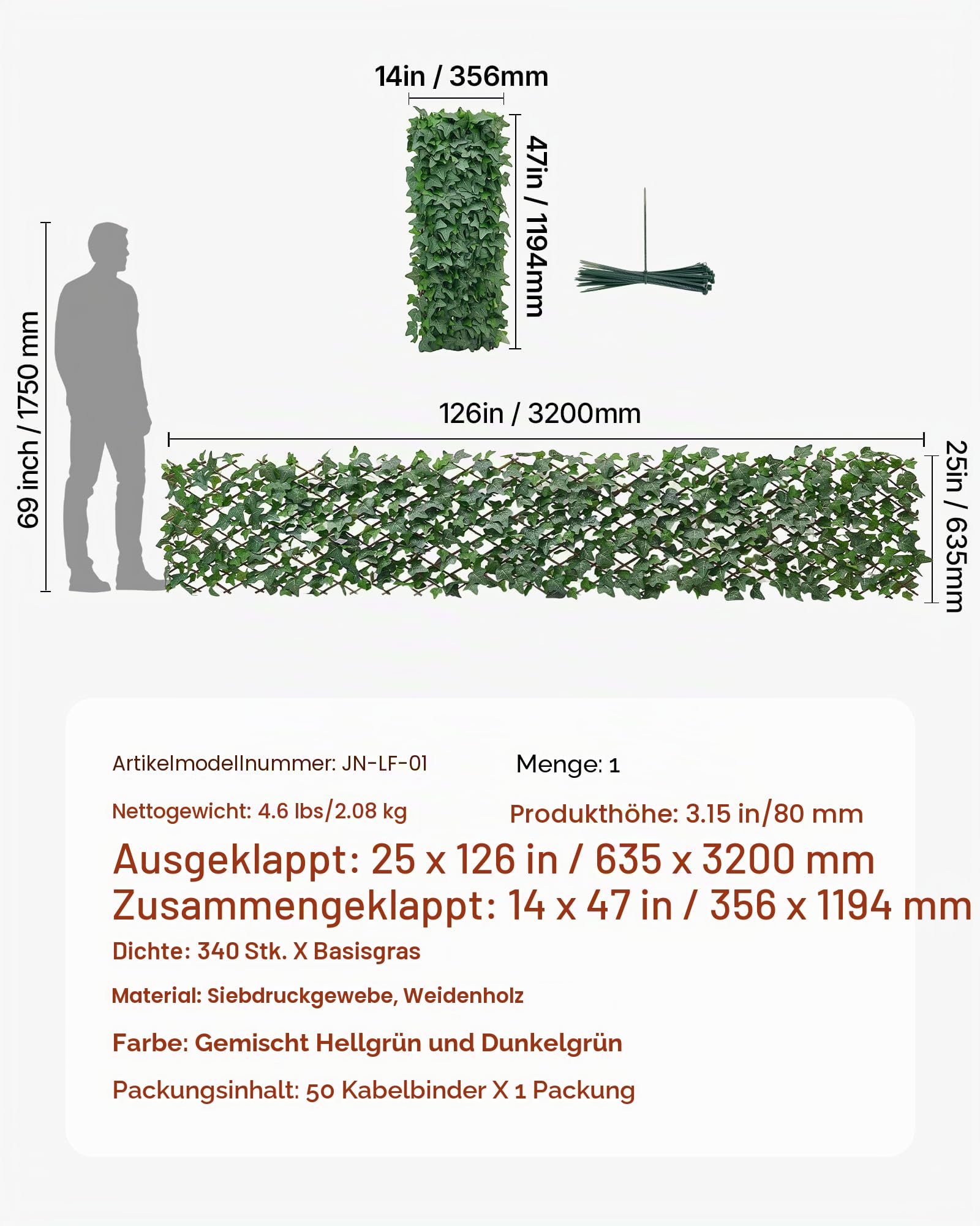 VEVOR Künstliche Hecke 63,5x320 cm, Pflanzenwand, Ausziehbarer Sichtschutz, Efeu-Sichtschutzzaun, Windschutz, Heckenzaun, Kunstpflanzen Balkonverkleidung für Hochzeiten, Außengärten, Hinterhöfe