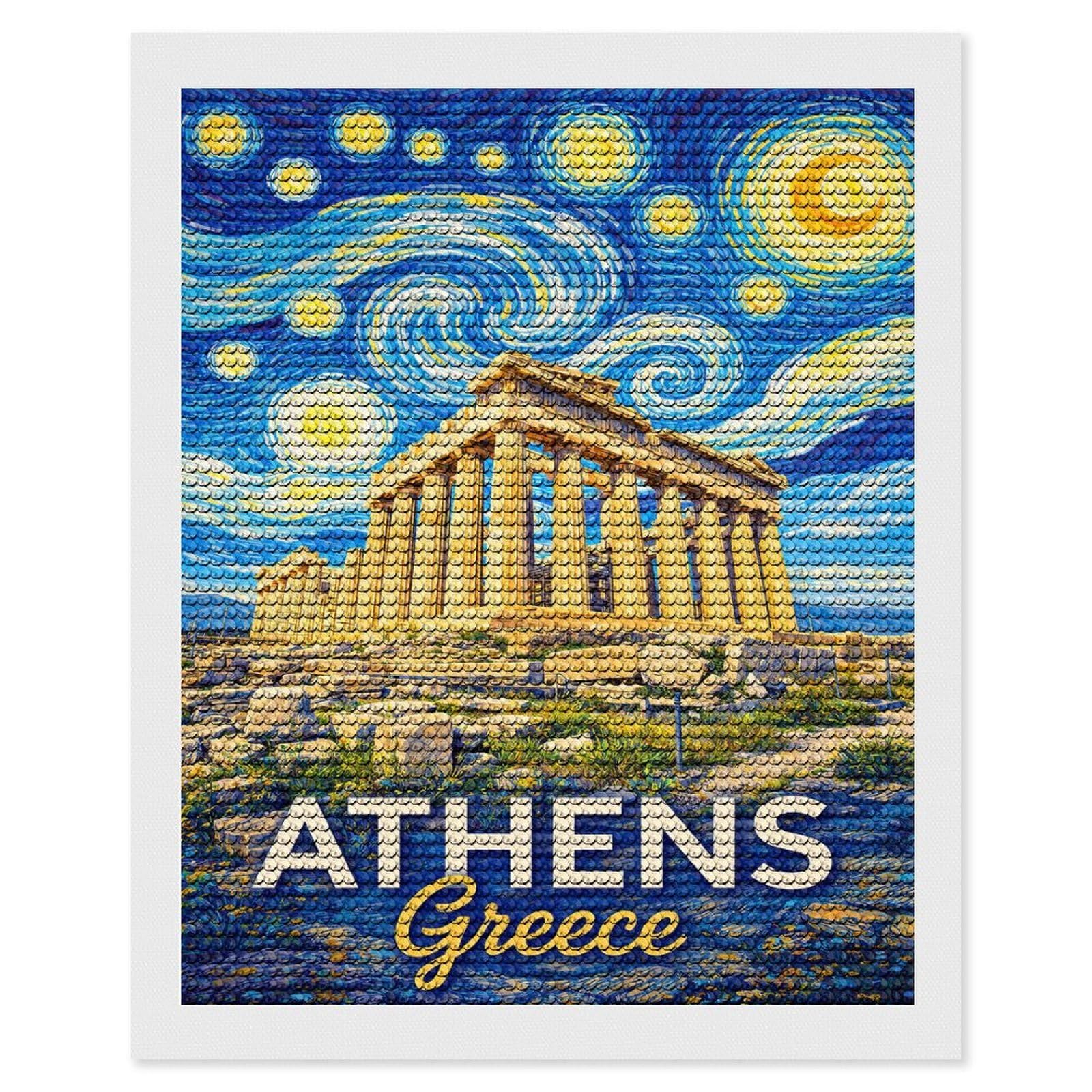 Junmoney Athens Greece Starry Night DIY Diamond Art Canvas Kit 16"x20", Farmhouse Decor, Vintage Style Decor, Handmade Wall Decor, Canvas Picture