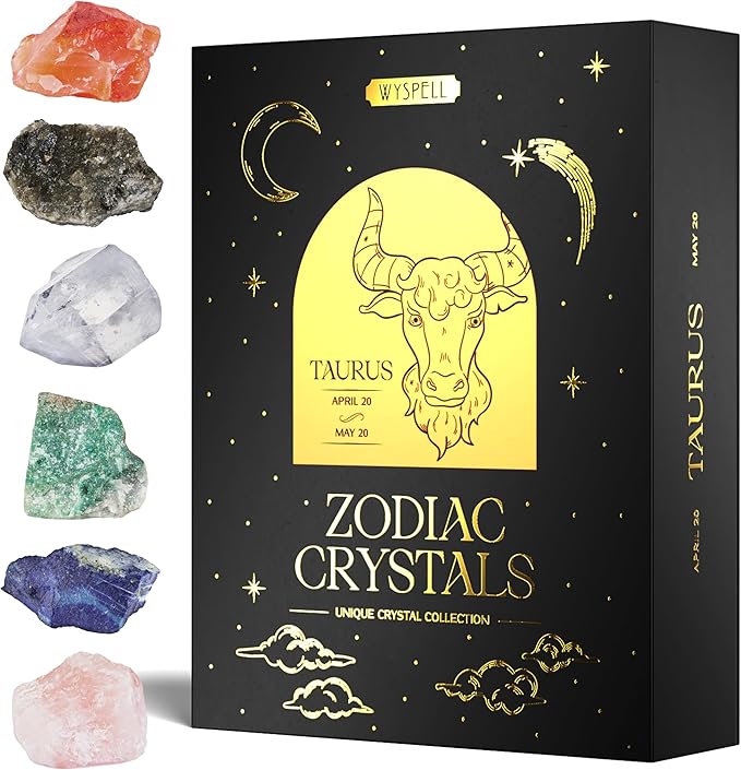 Wyspell Taurus Crystal Set - 6 Raw Taurus Crystals and Healing Stones - Zodiac Gifts for Women - Birthday Gifts for Women - Astrology Gifts for Women - Zodiac Crystal Set