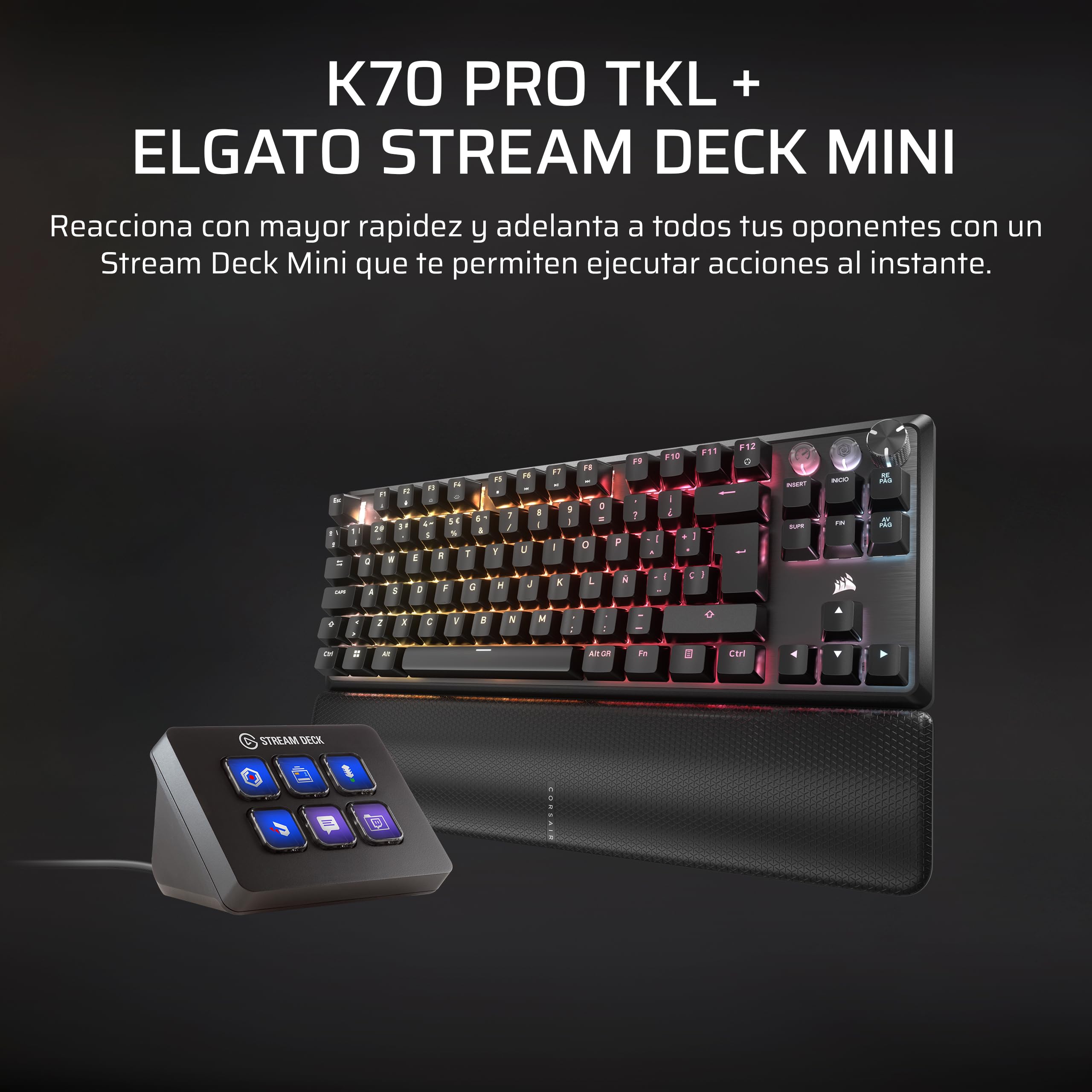 Corsair K70 Pro TKL + Elgato Stream Deck Mini Paquete - Teclado para Juegos con Cable Magnético-Mecánico con Studio Controller para Zoom, Teams, PowerPoint, MS Office, etc, Compatible with PC/Mac