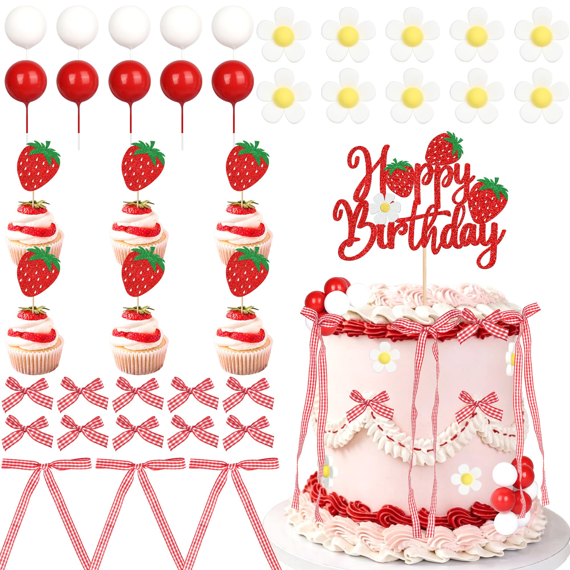 47 Pack Strawberry Bow Cake Decorations Set Happy Birthday Cake Topper Flower Strawberry Cupcake Toppers Ribbon Bow Decorations for Baby Shower Wedding Bridal Shower Party Decoration Supplies โ image 1